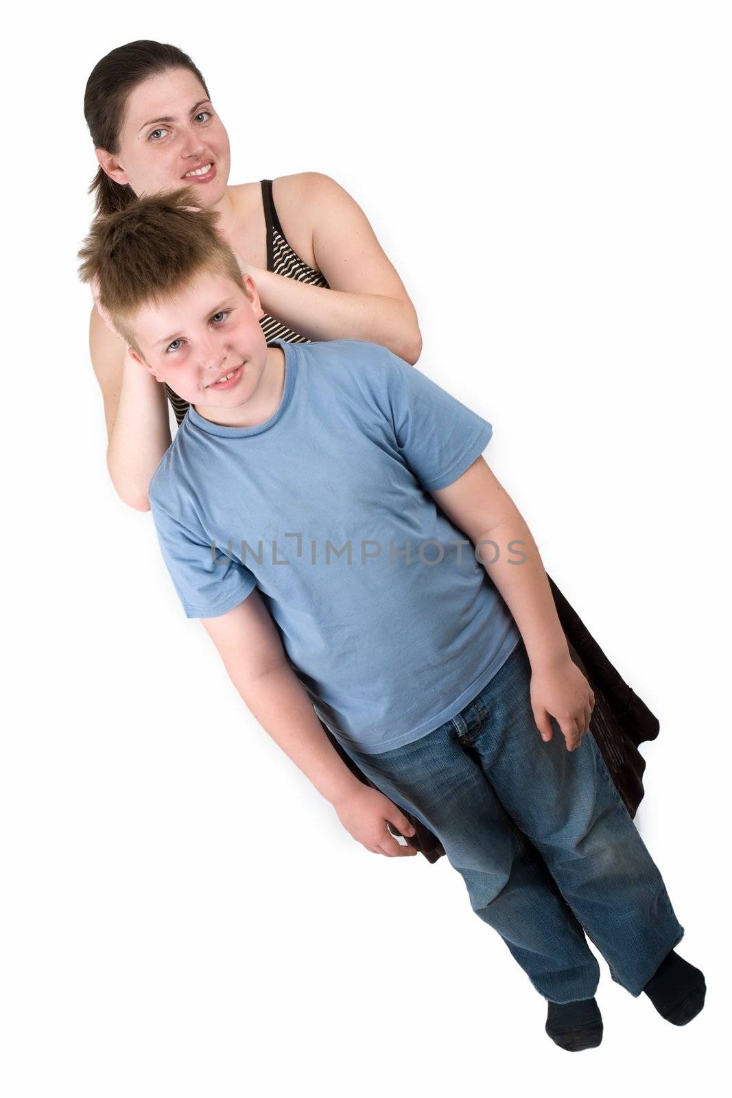 Smiling family. Mum and the son on a white background.