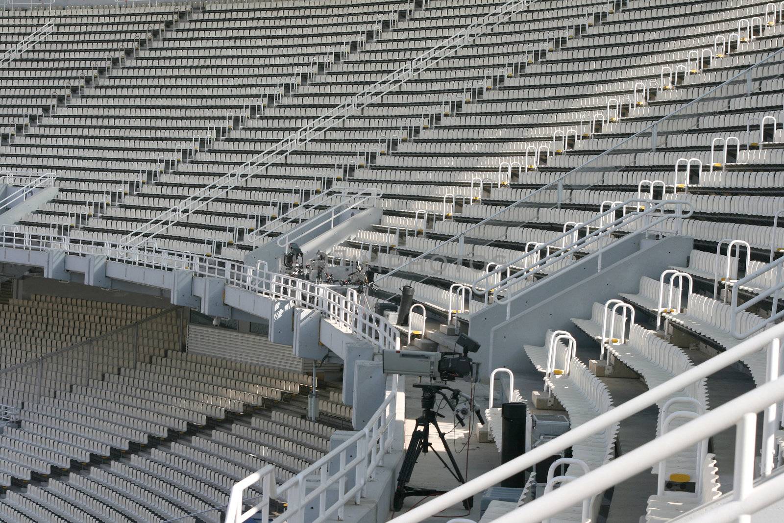 broadcasting cameras and stadium seats tiers empty detail from athens olympic stadium