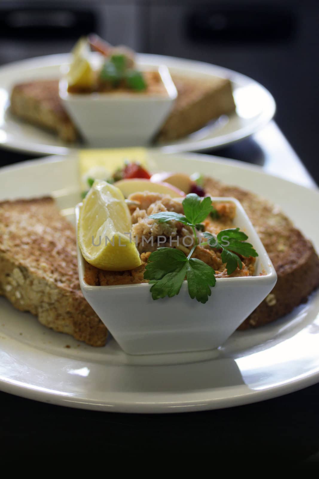 A dish of fresh salmon pate dressed on a white circular plate with a lemon wedge and fresh parsley, accompanied with wholemeal toast.