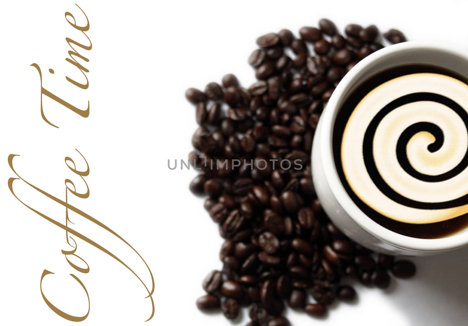 A landscape format image of a cup of coffee with a cream swirl, set amongst a pile of coffee beans. Text spelling out coffee time runs horizontal to left of image, on a white isoltaed background.