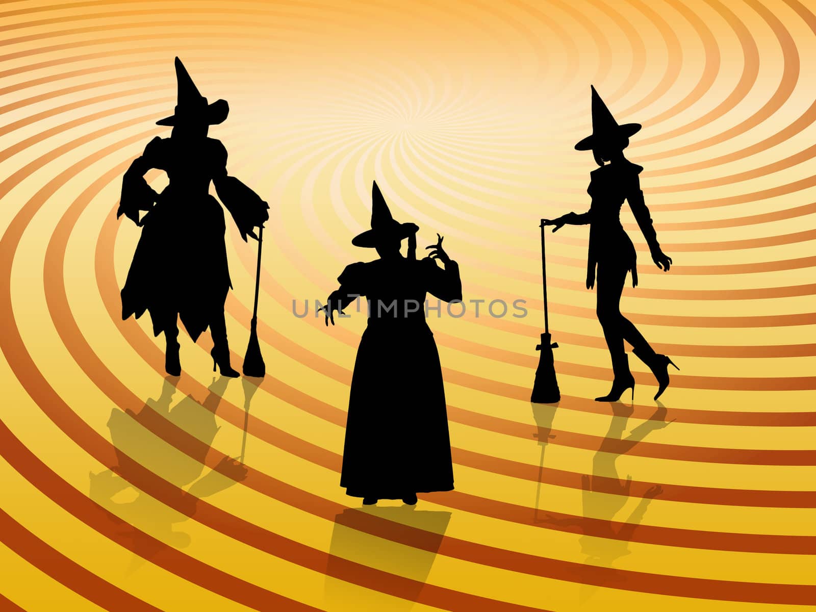 Three Halloween witches on retro background with reflections.