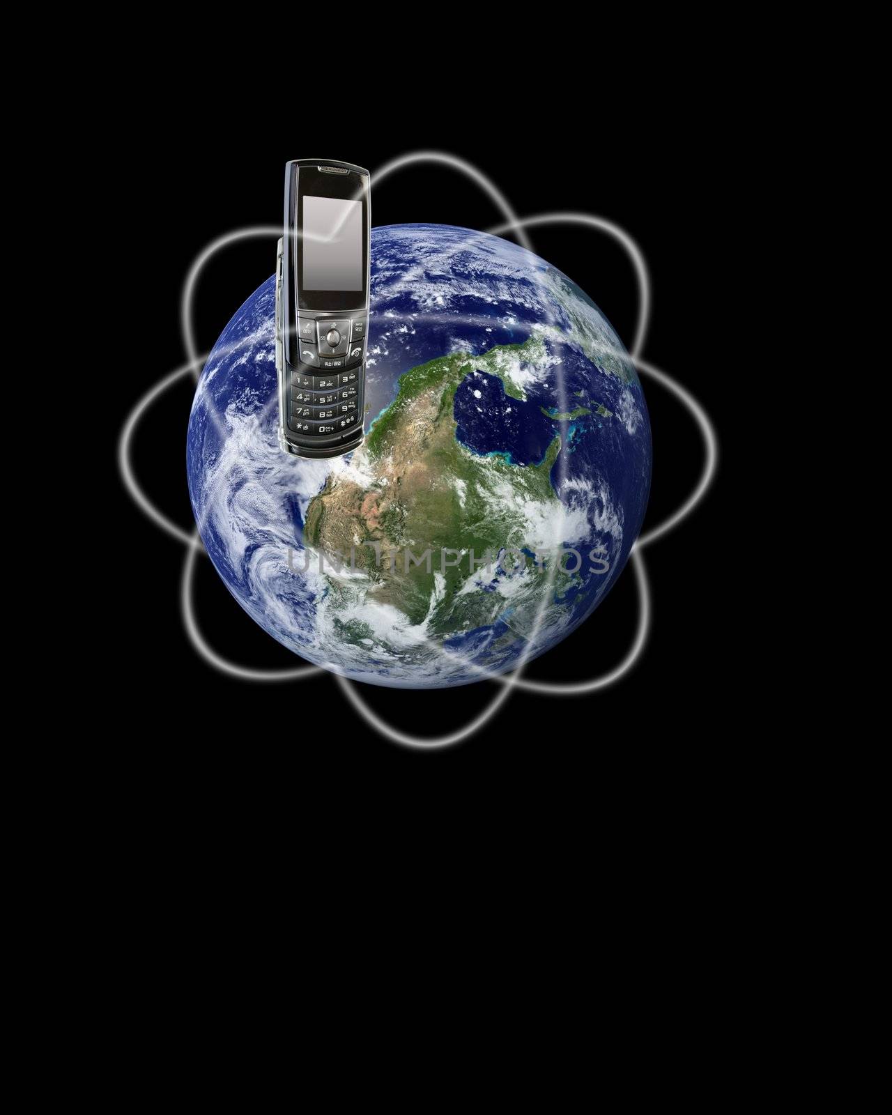 Abstract of Global Communication - Globe encircle with beams and a cellular phone.