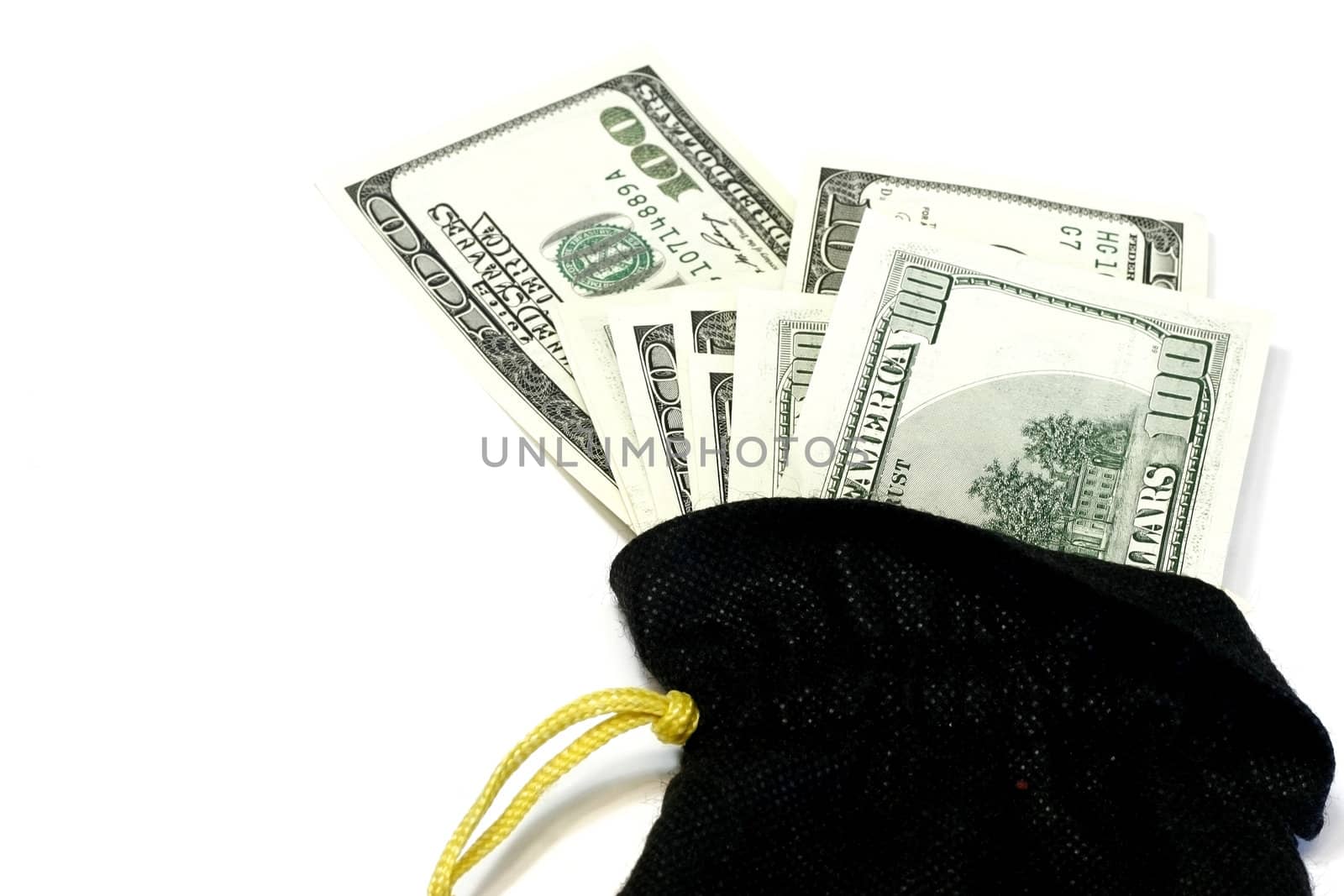 black sack with money 100 dollar currency concept

