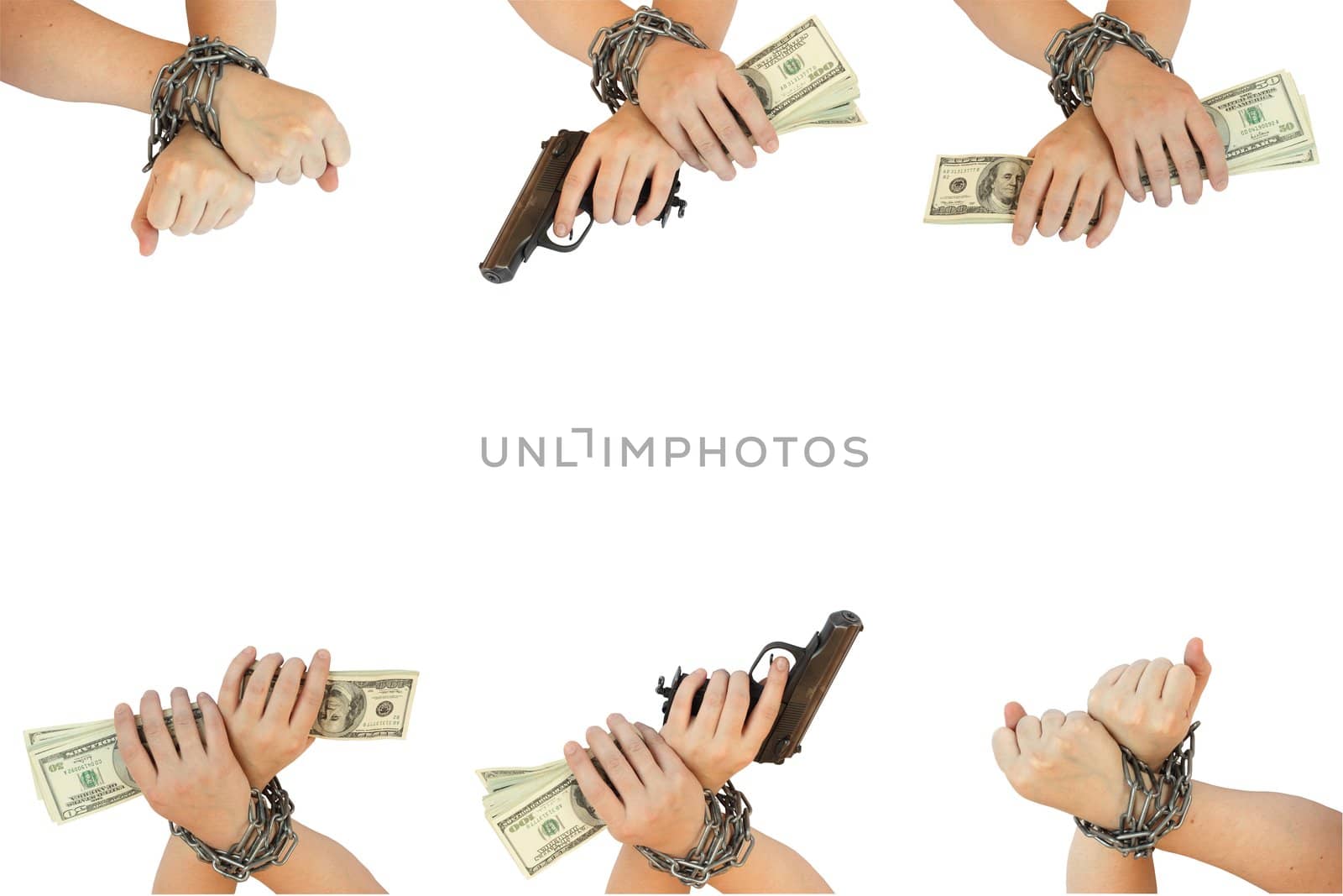 hands with dollar are bound by chain