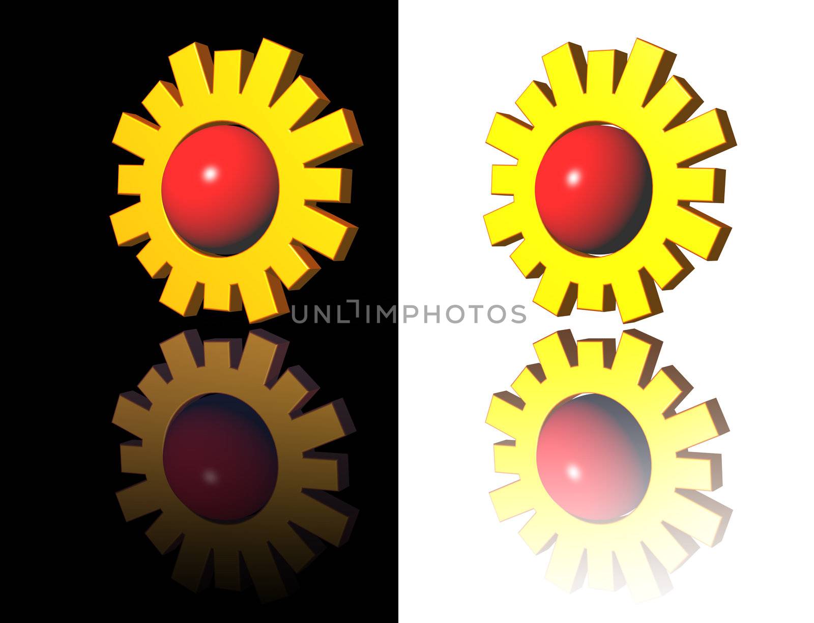 simple sun logo on white and black background - 3d illustration