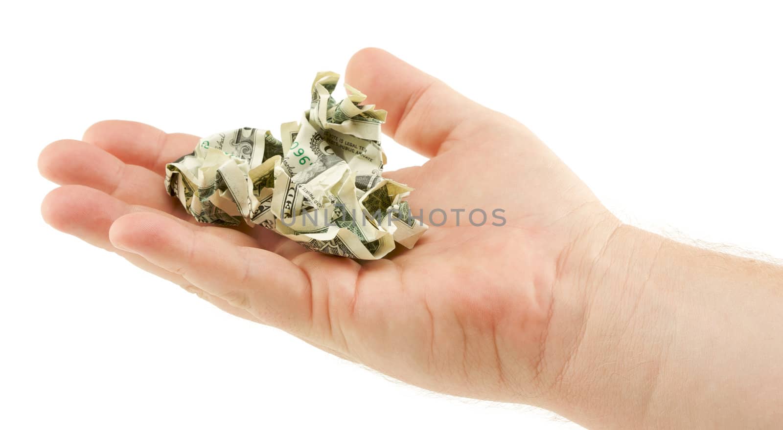 Crumpled Dollar Bills In Palm Isolated on a White Background.