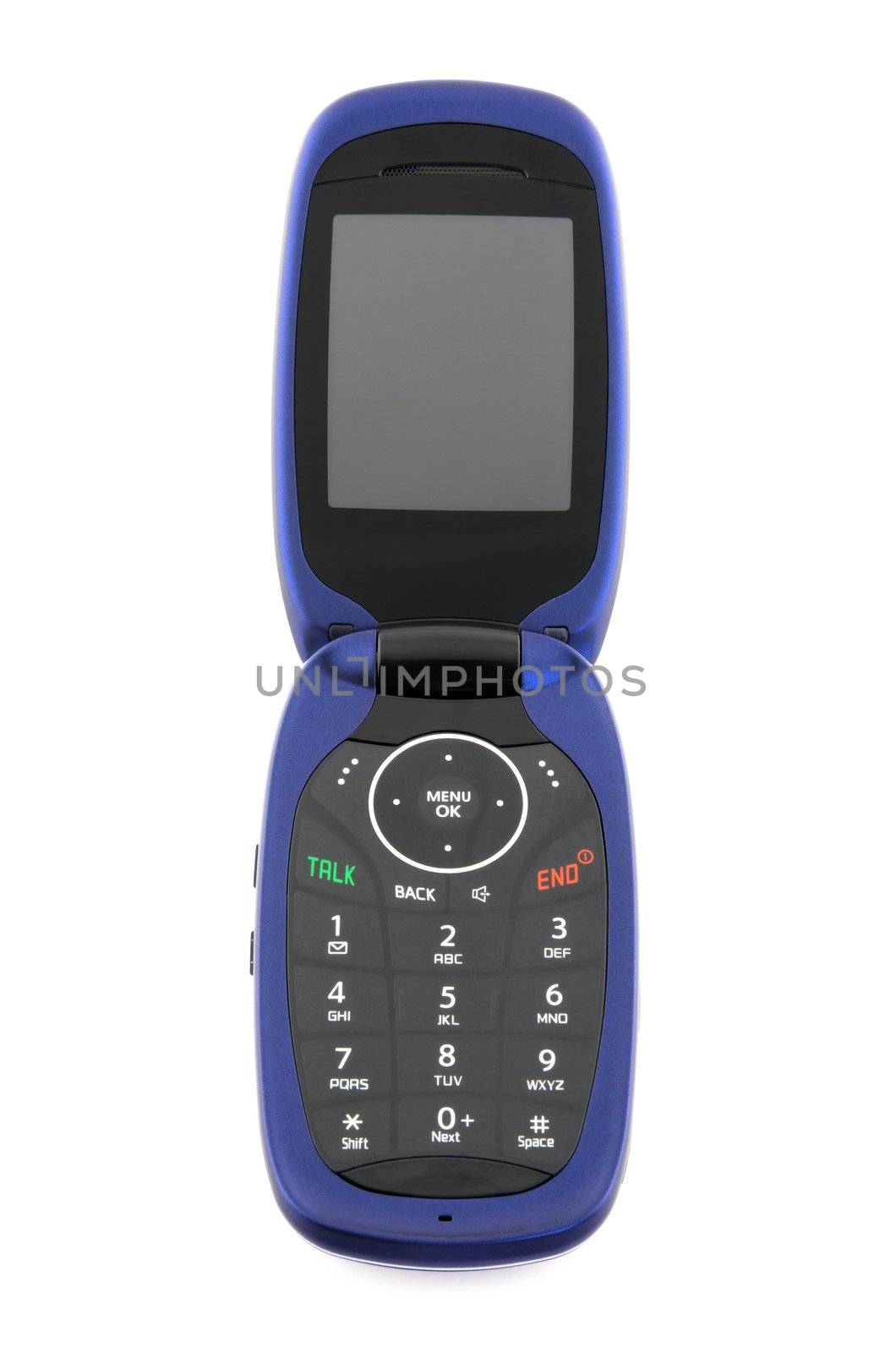 Modern blue clamshell cell phone on white background, font view.