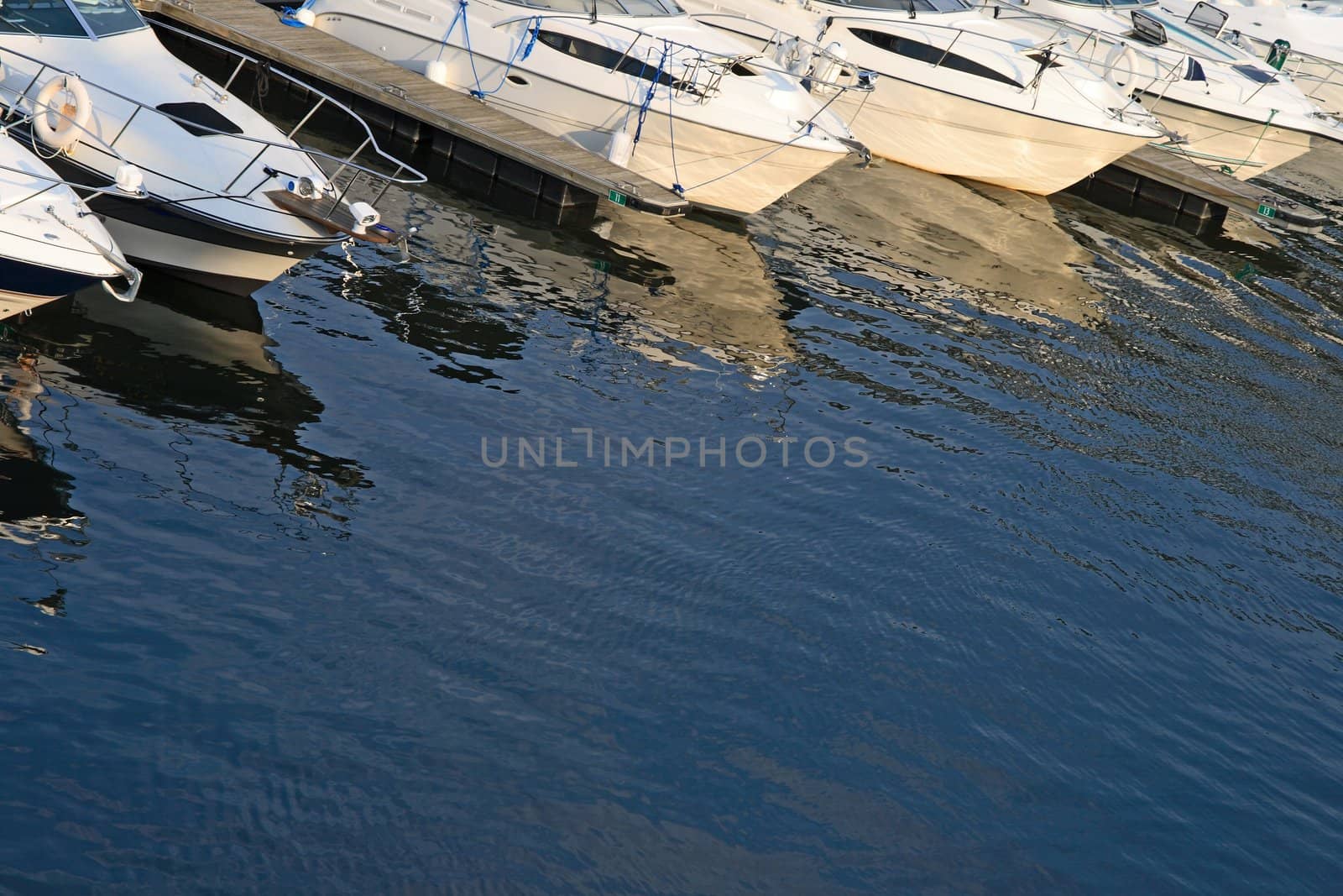 Motorboats in a harbor reflecting in water.