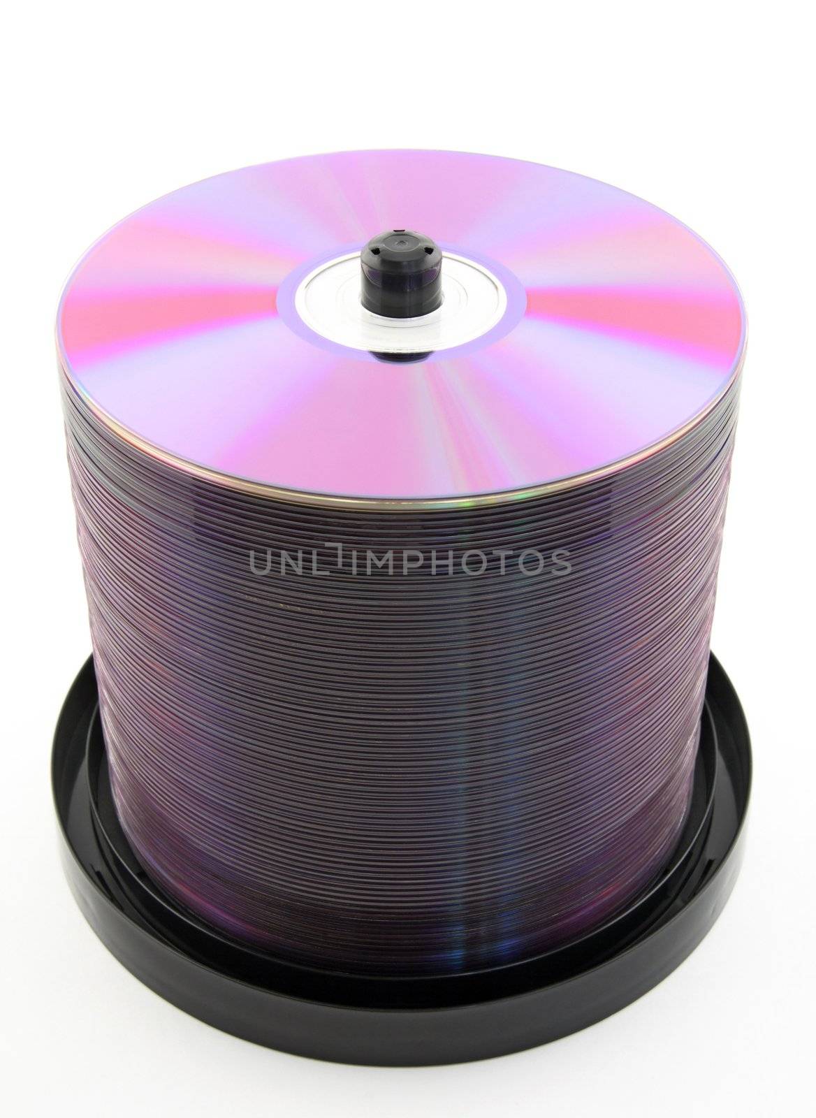 Colorful purple DVDs or CDs on spindle, on white background. No dust.
