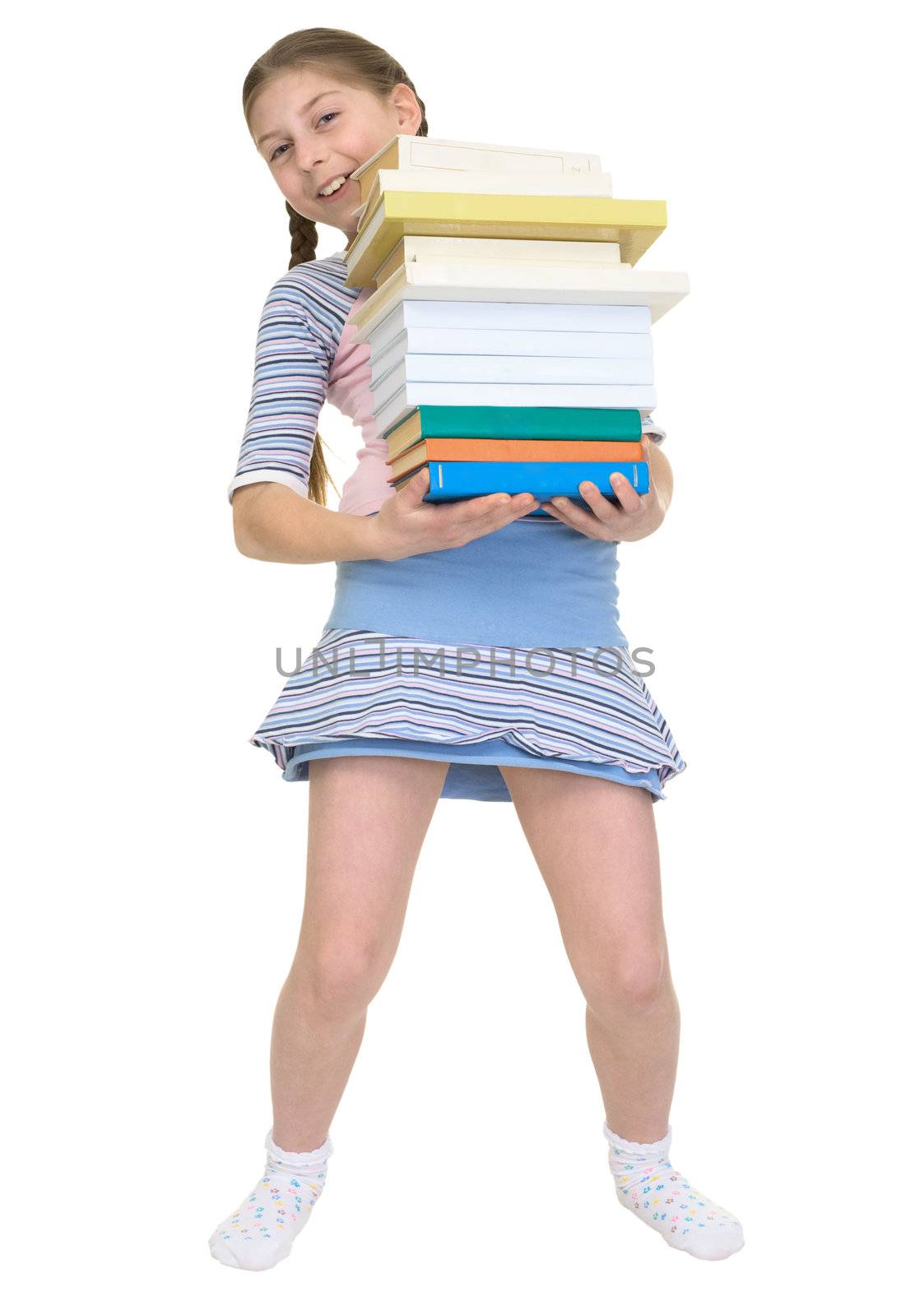 The schoolgirl has a large stack of textbooks