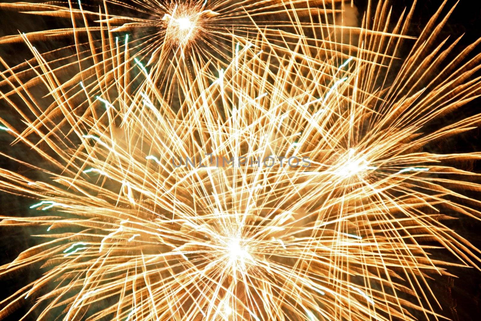 Golden fireworks bursts. Fireworks festival.