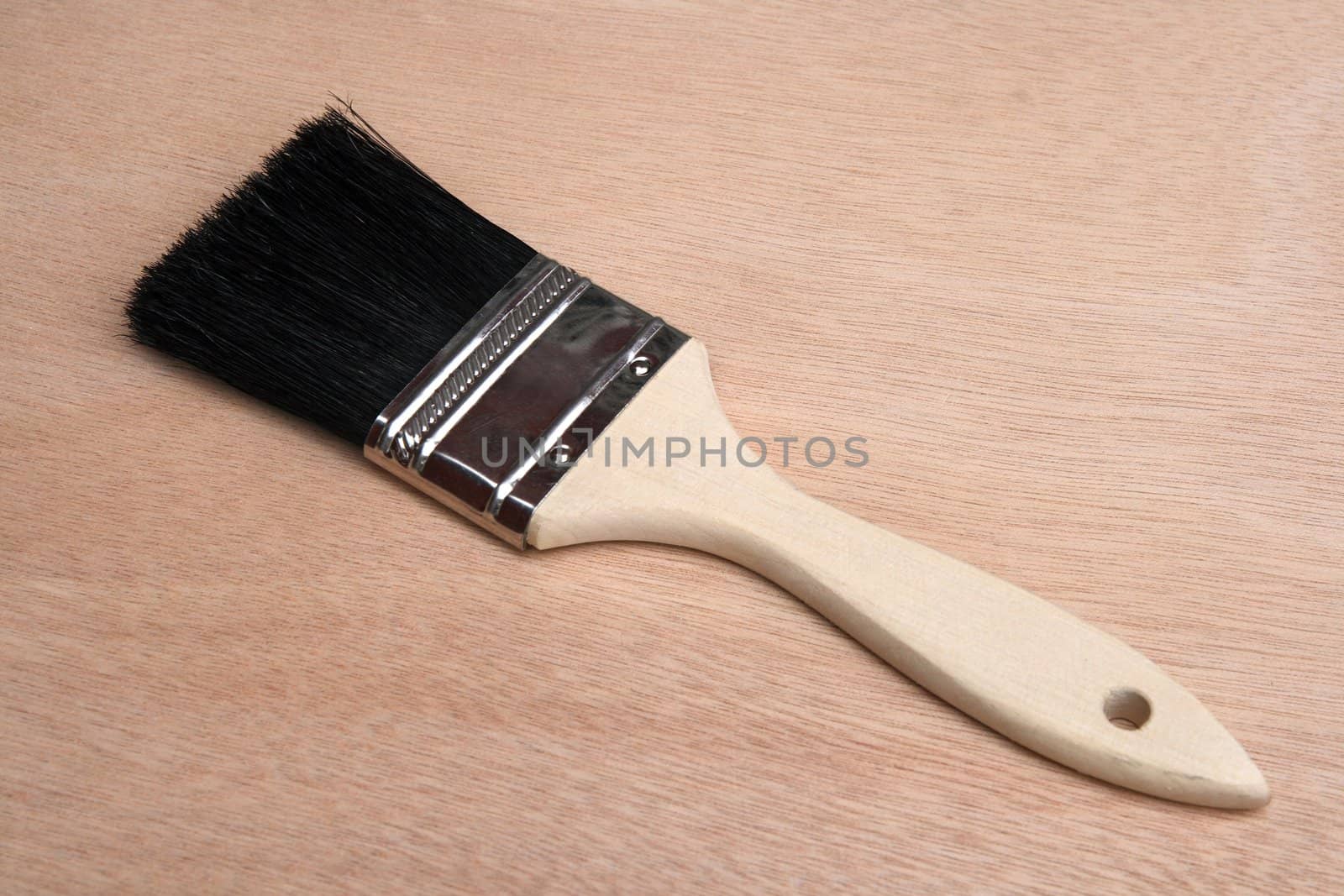 New paint brush on unpainted wood background.