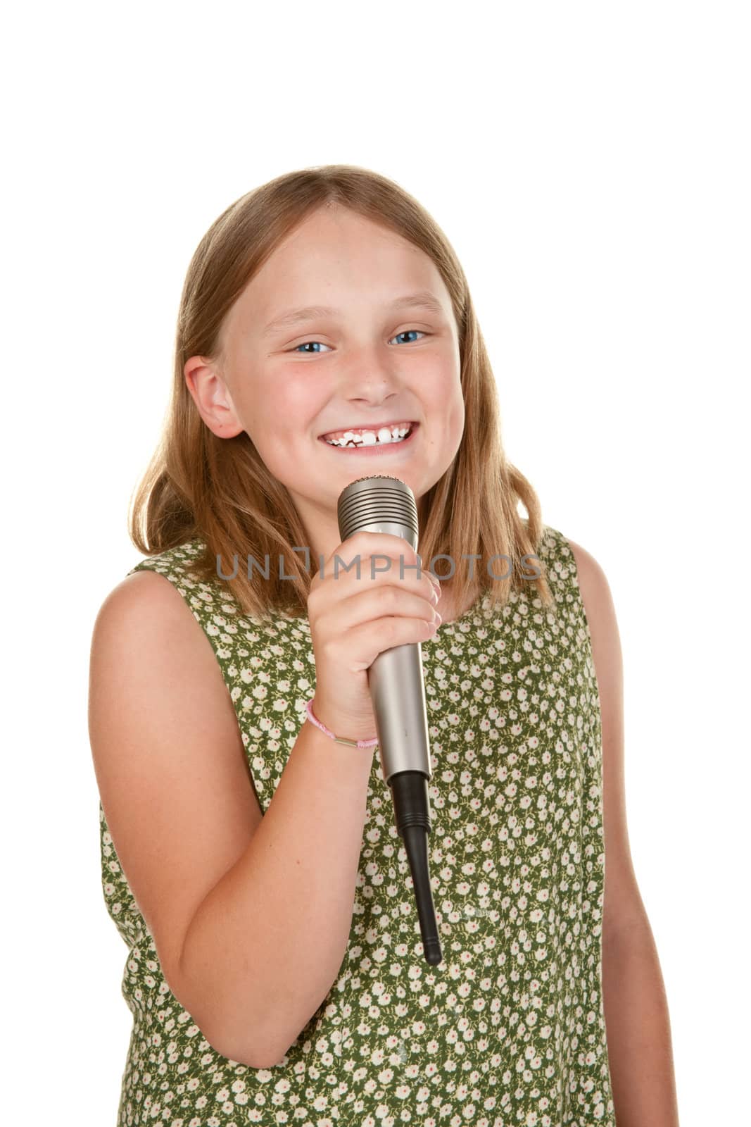 a young girl isolated on white background singing a song