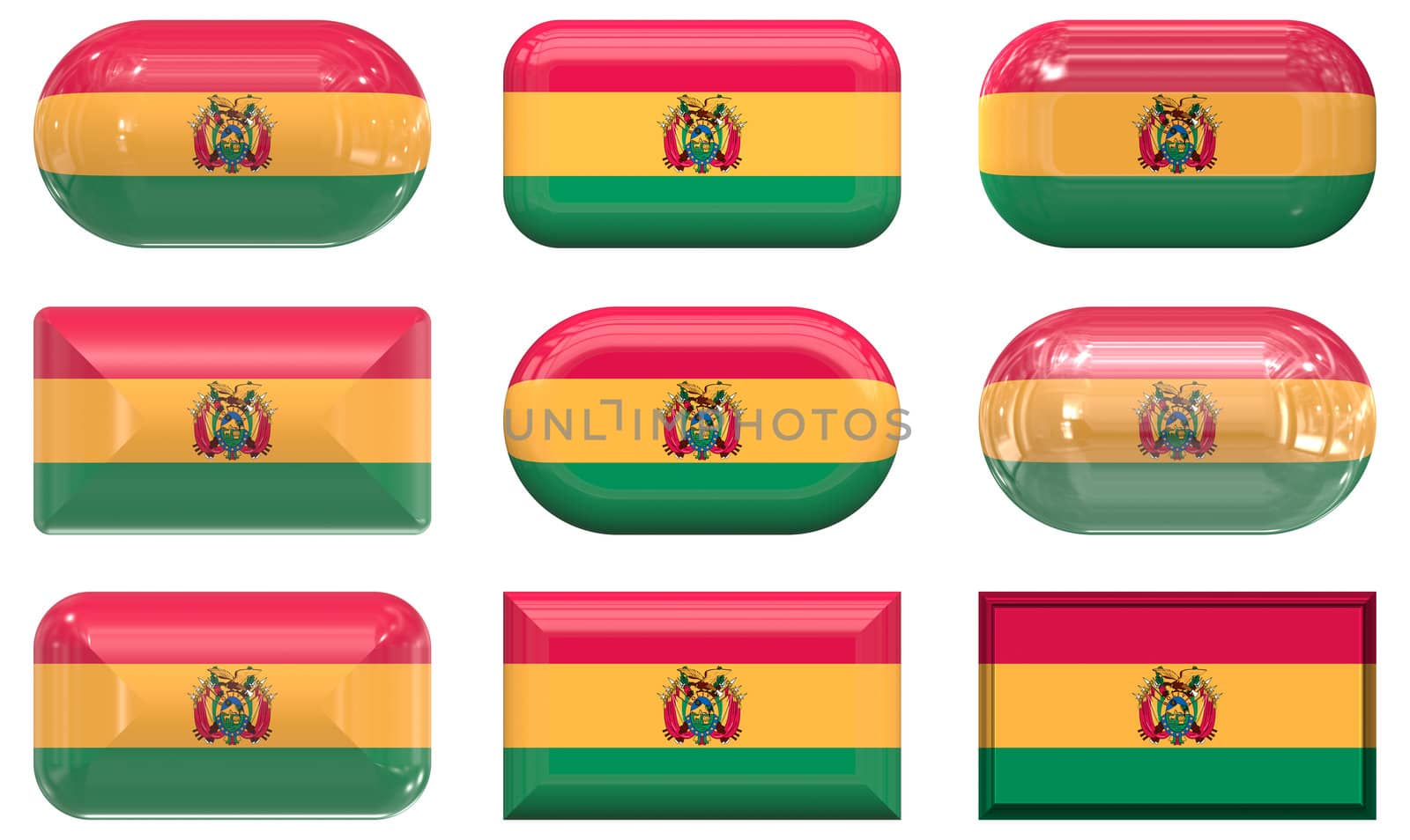 nine glass buttons of the Flag of Bolivia