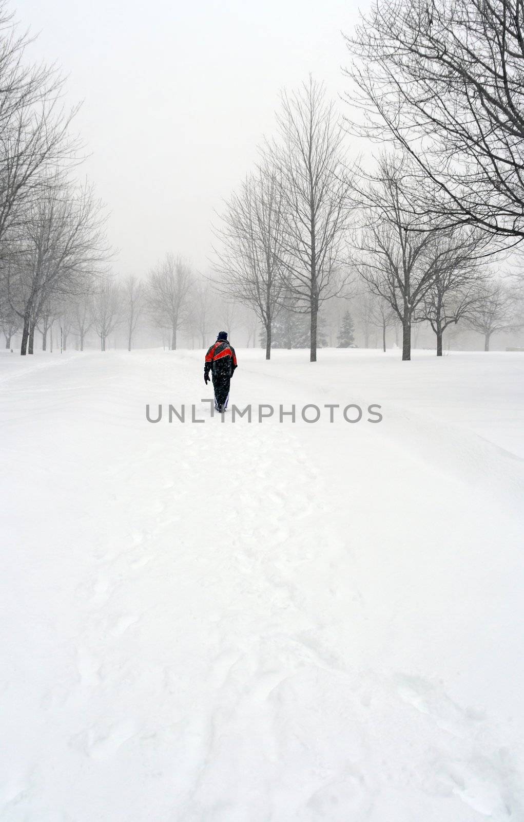 Man walking on a snow covered path during a snowfall.