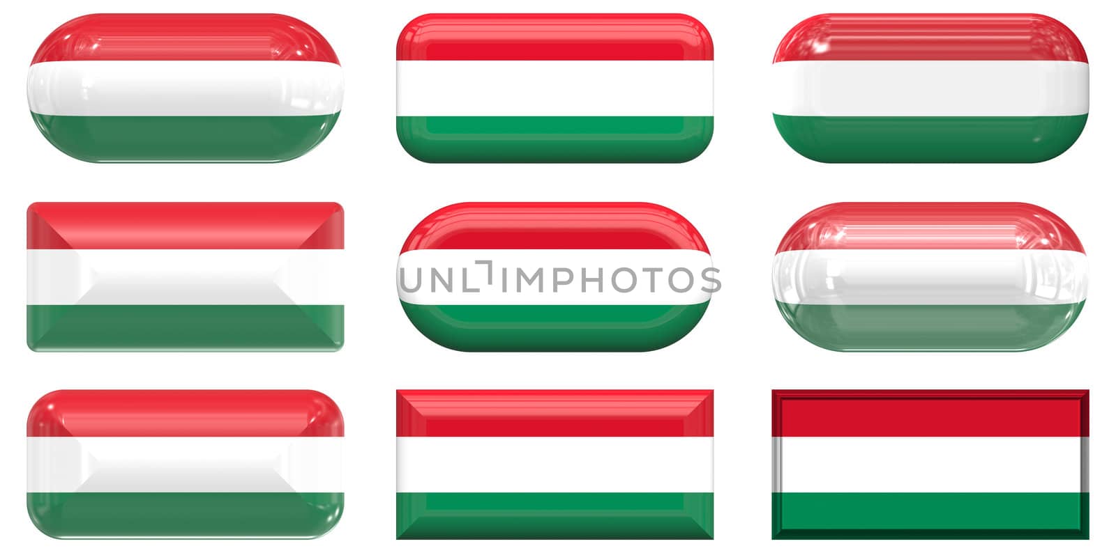 nine glass buttons of the Flag of Hungary by clearviewstock