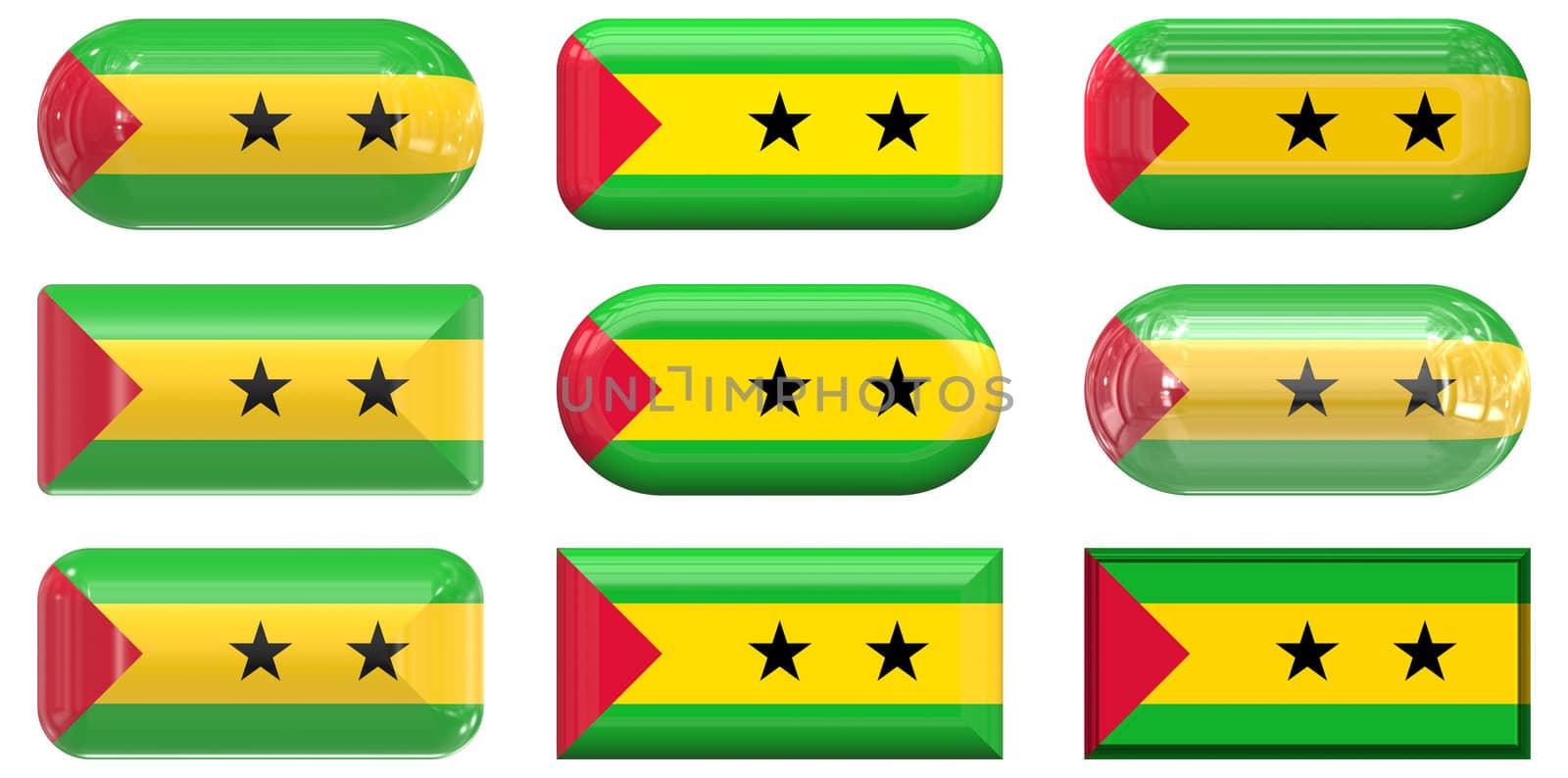 nine glass buttons of the Flag of Sao Tome and Principe by clearviewstock