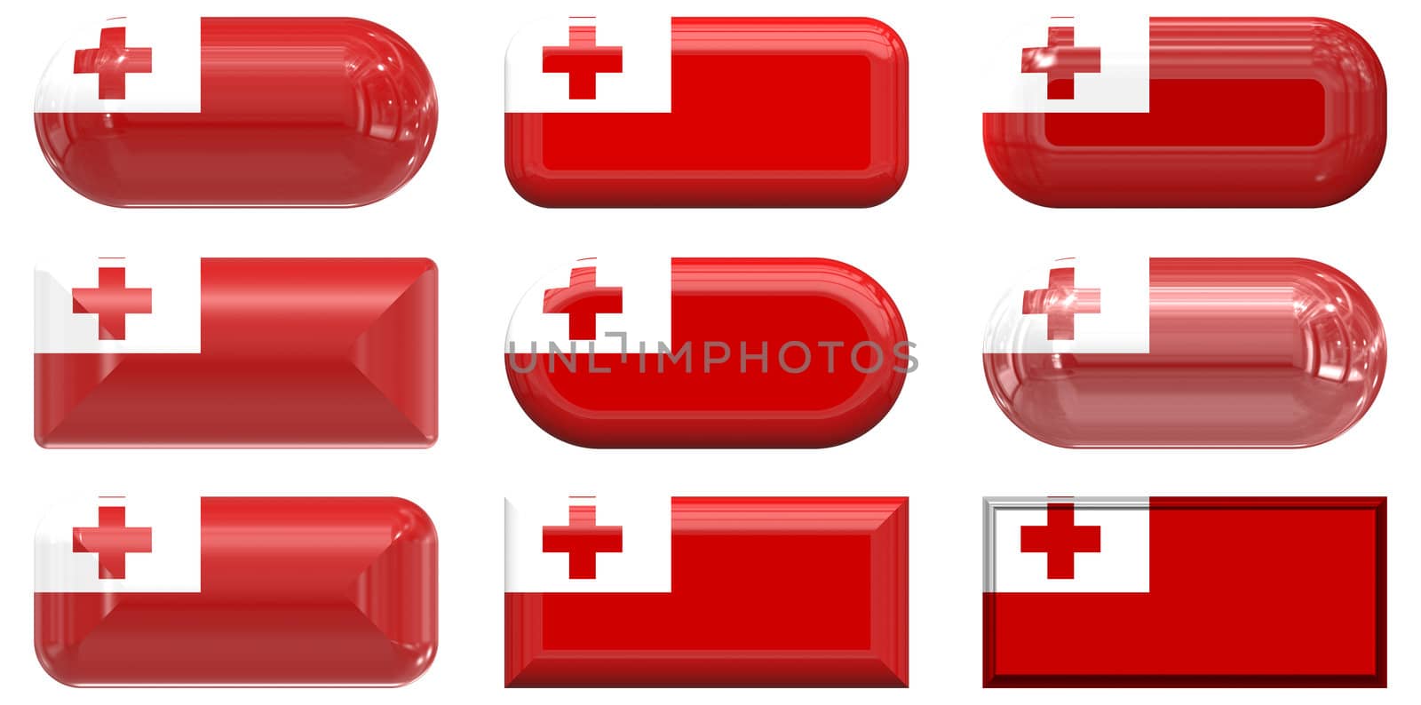 nine glass buttons of the  Flag of Tonga