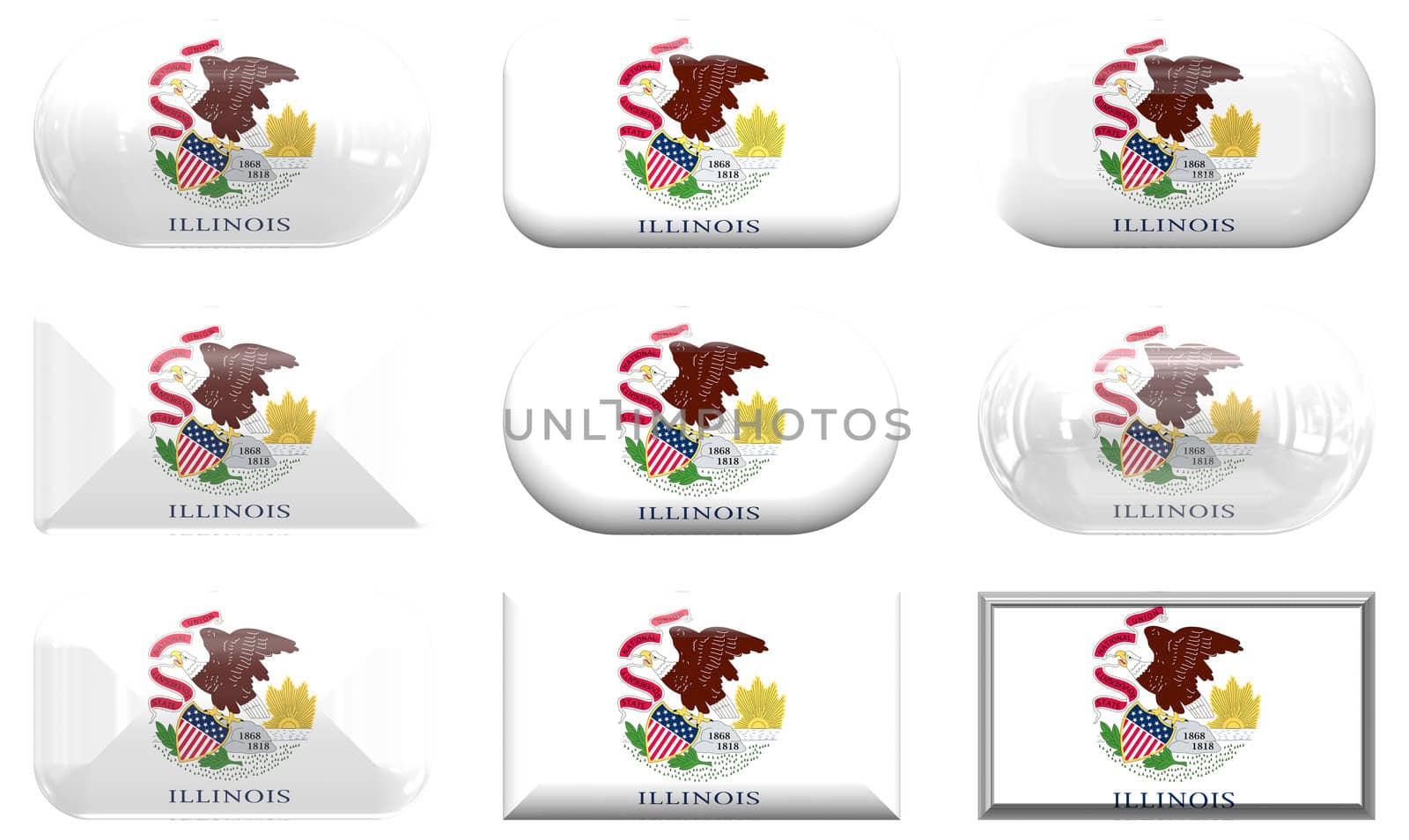 nine glass buttons of the  Flag of Illinois