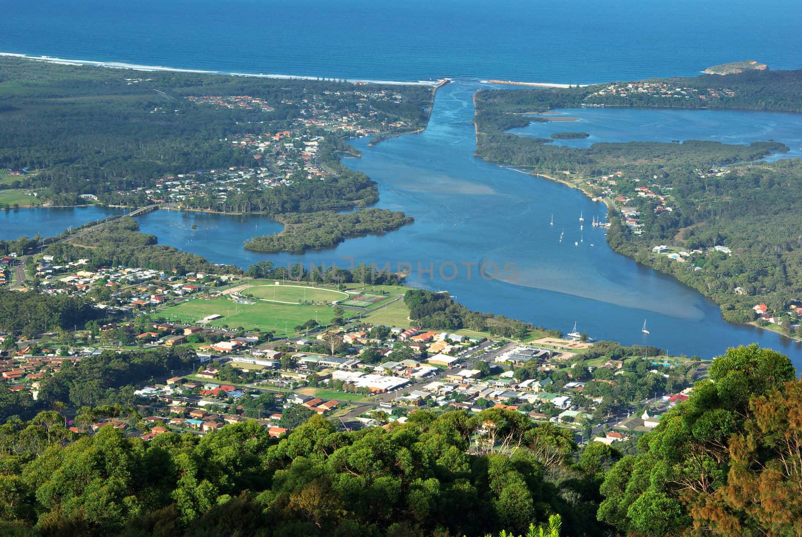 looking down from high up at the houses and the town of laurieton on the north coast of new south wales (nsw)
