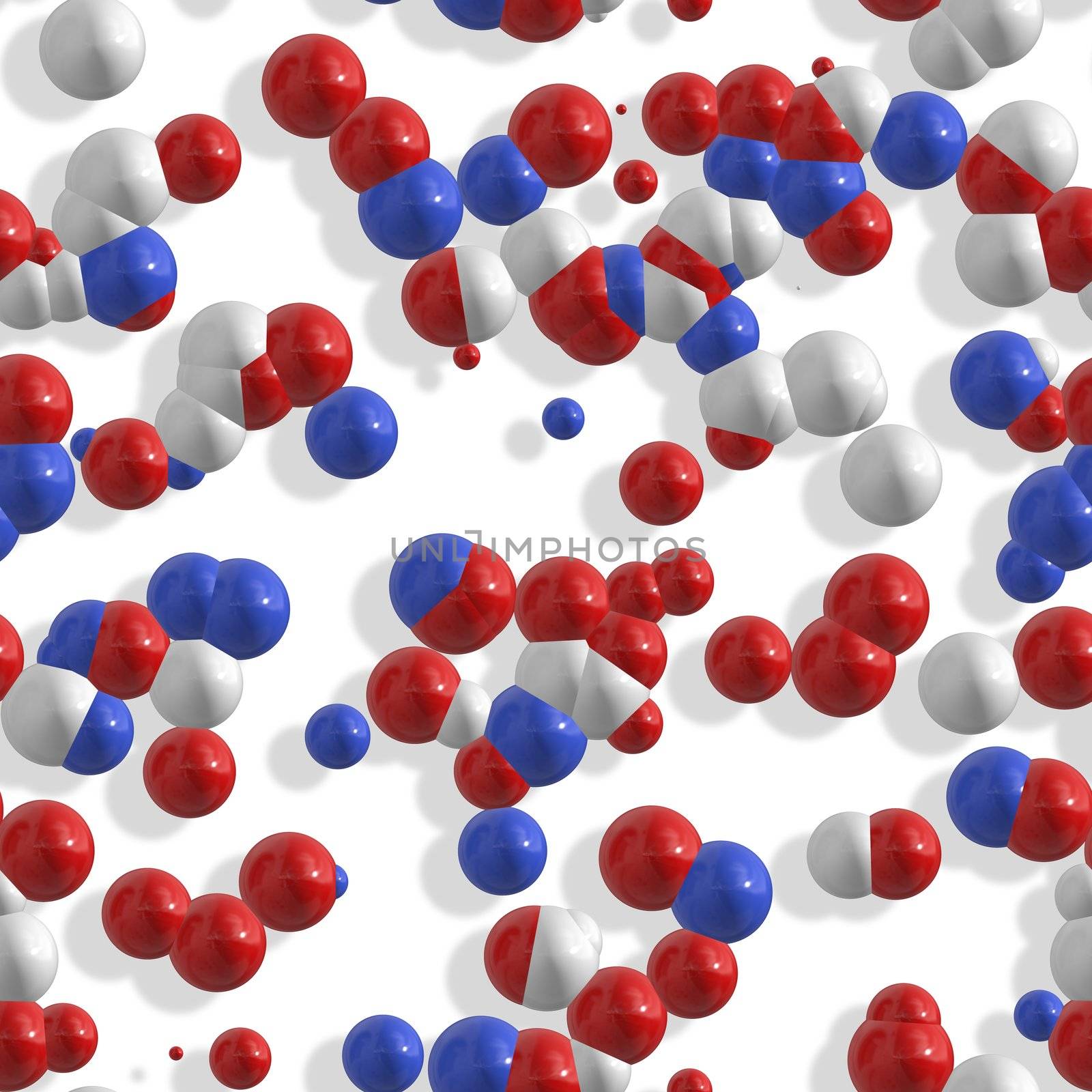 red white and blue representation of atoms and molecules