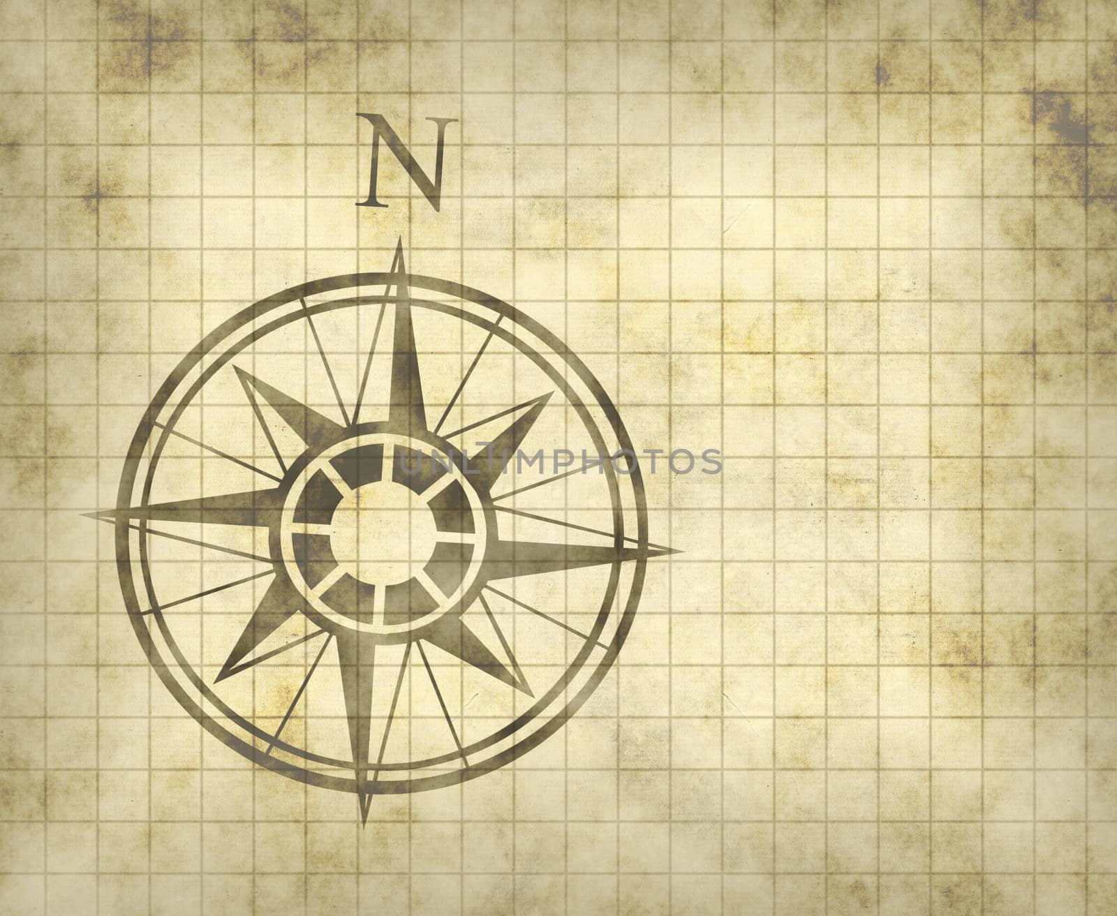 great north arrow and compass on old parchment map with copy space