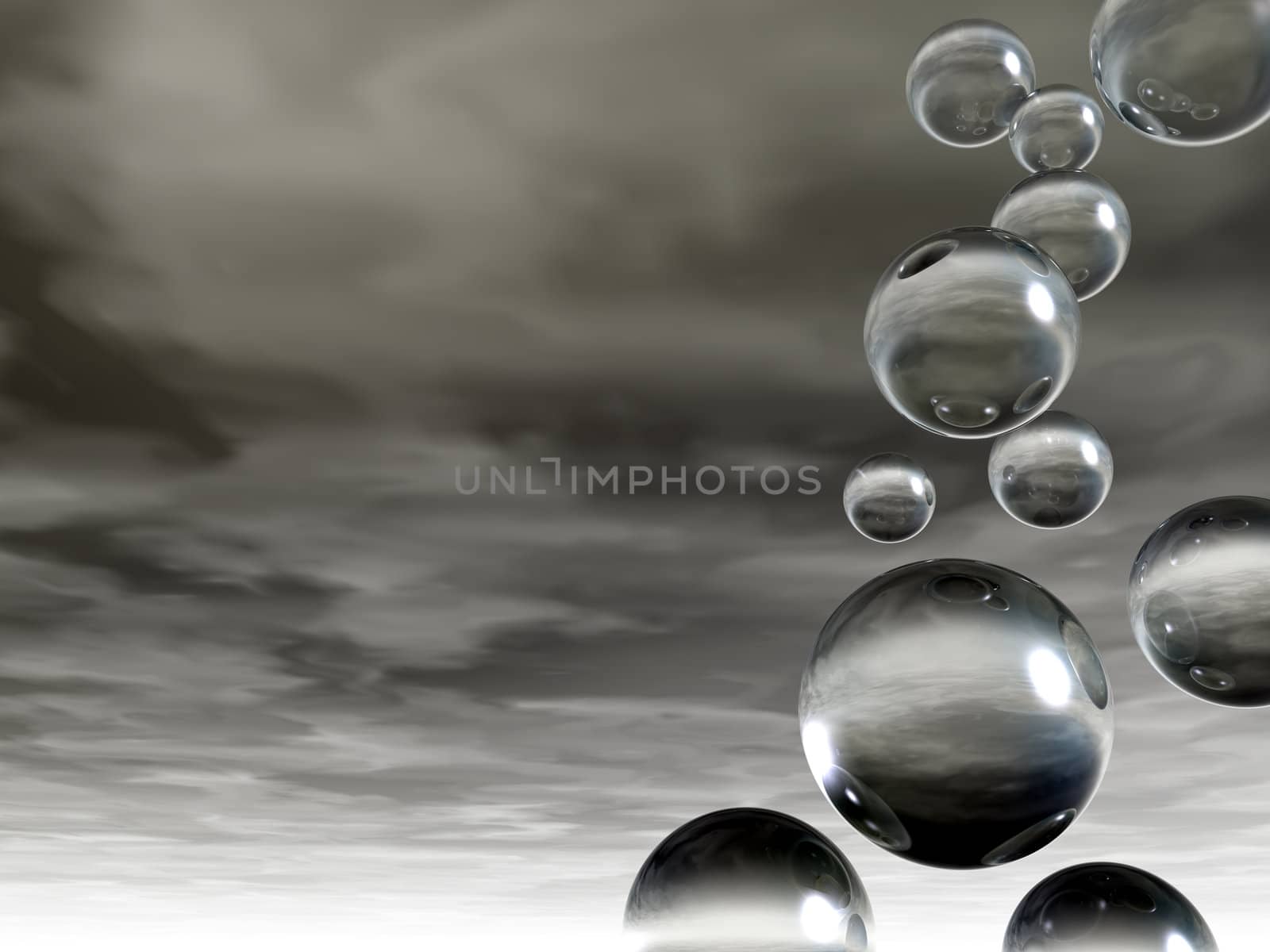 fliyng glass balls on a dark sky - 3d illustration