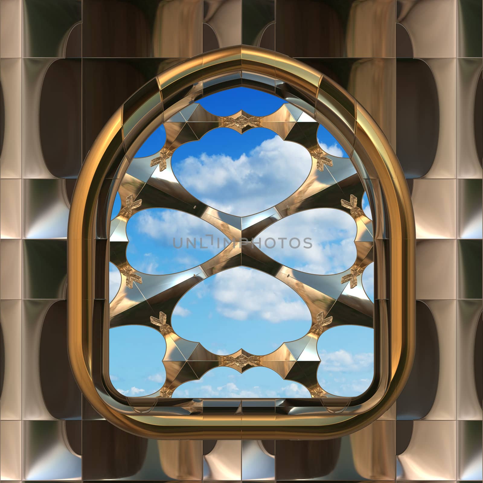 image of a gothic or science fiction window looking onto cloudy blue sky