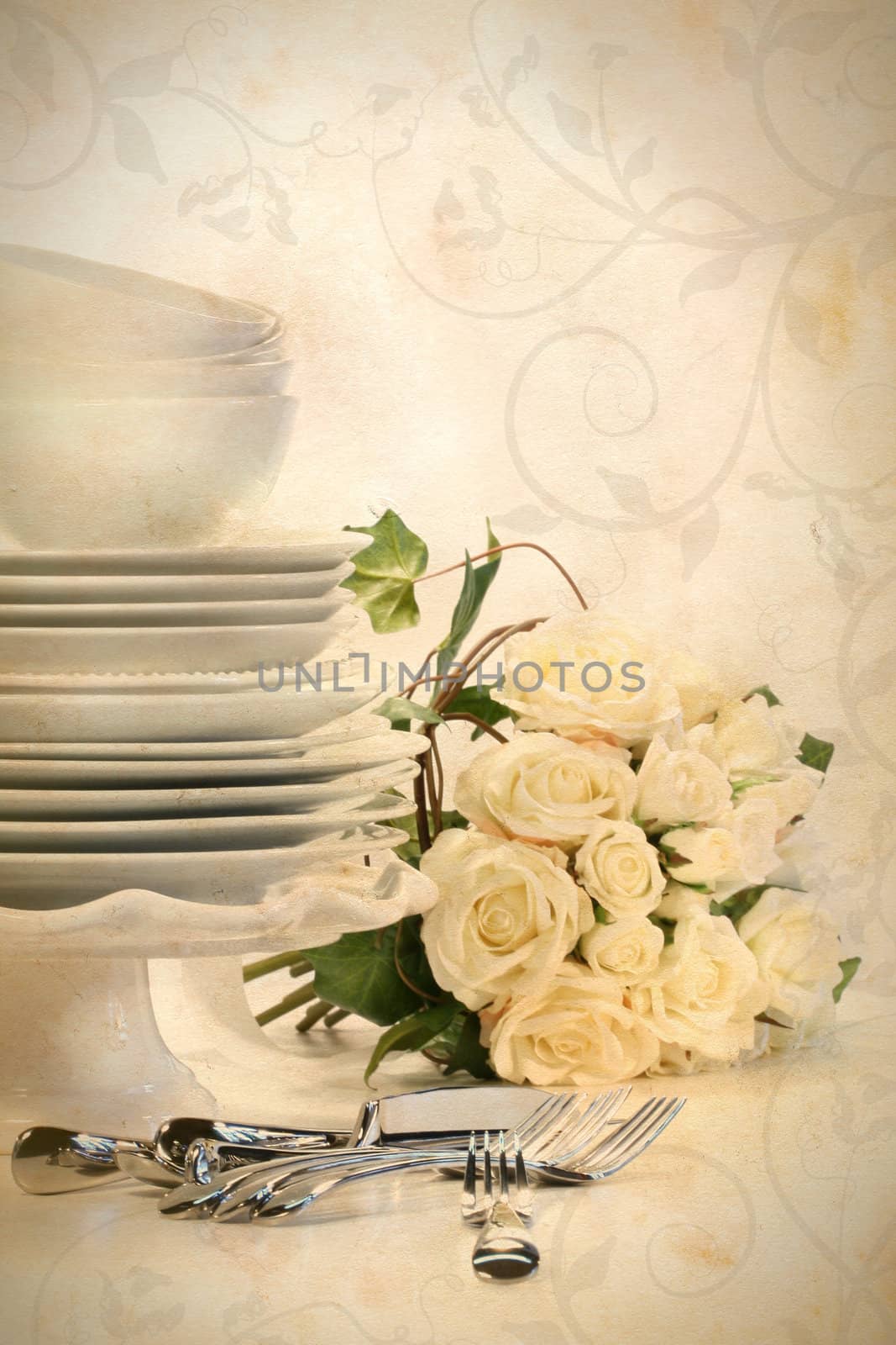 Assortment of plates for wedding on white background/ Vintage look