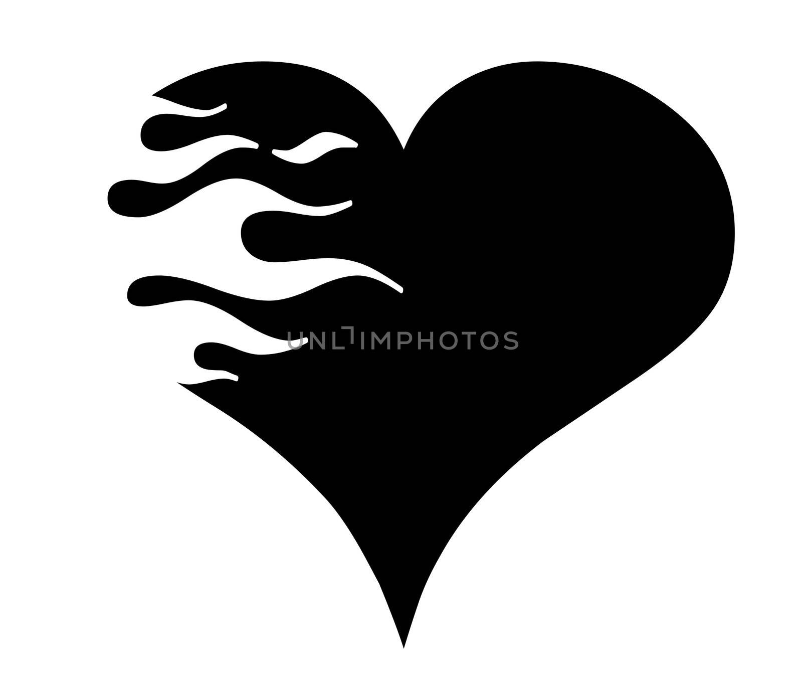 A black Heart being  eaten by flames.