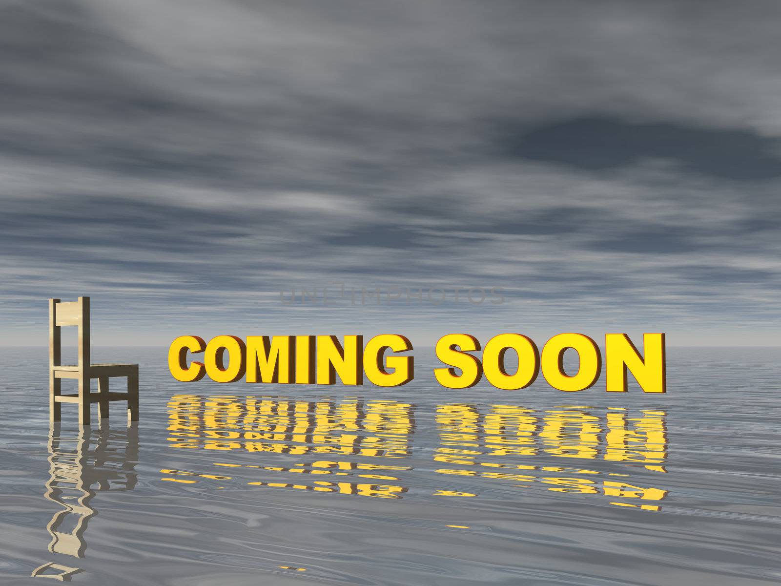 coming soon text and chair at water landscape - 3d illustration