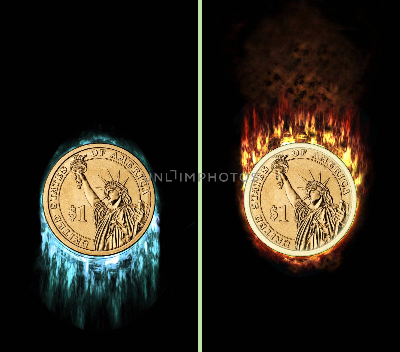 dollar coin with fire flames and icicles, e.g. as button