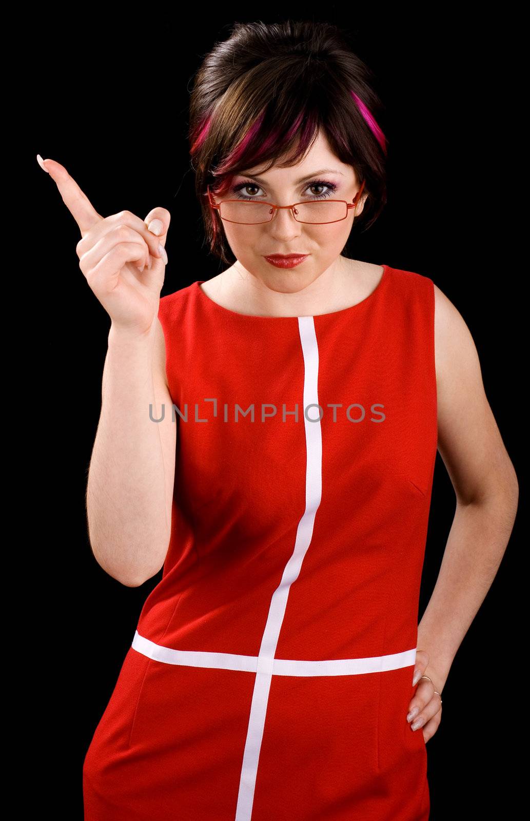 Young sexy female teacher in a red dress