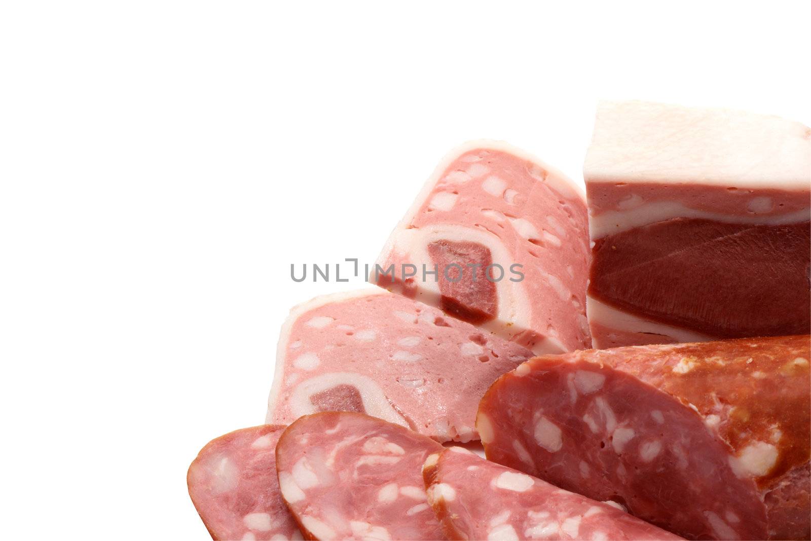 Various sliced sausage isolated on white background with clipping path