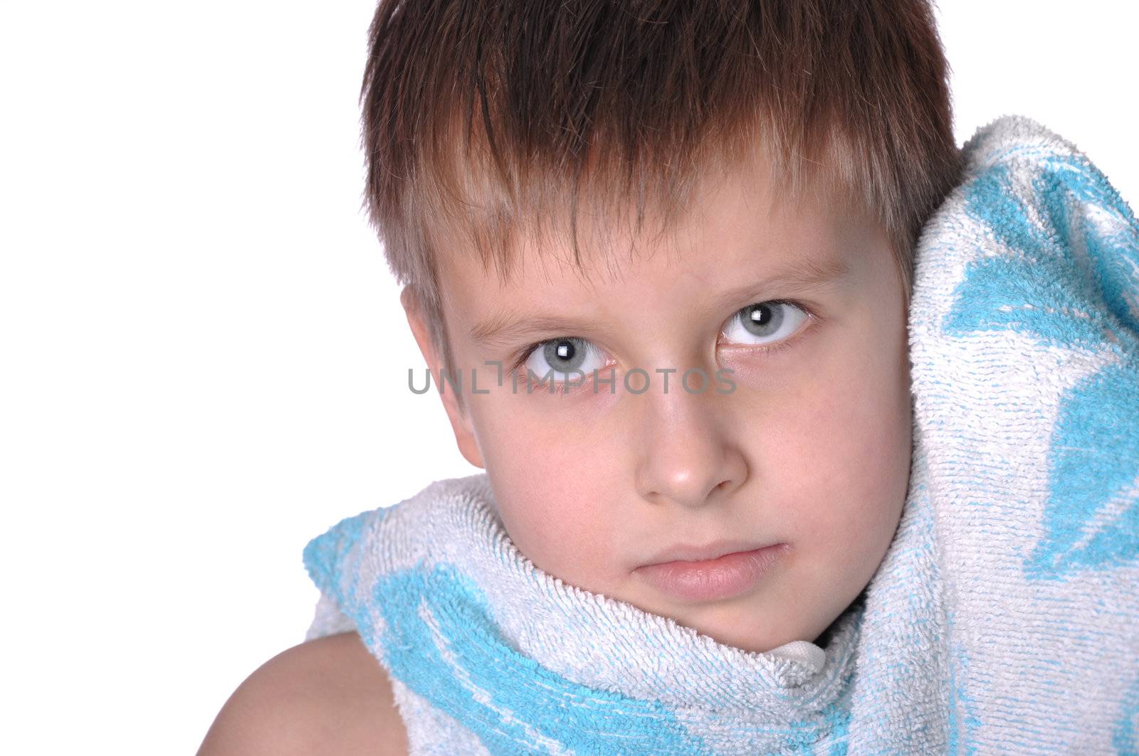 Cheerful kid after bath. Isolated on white background