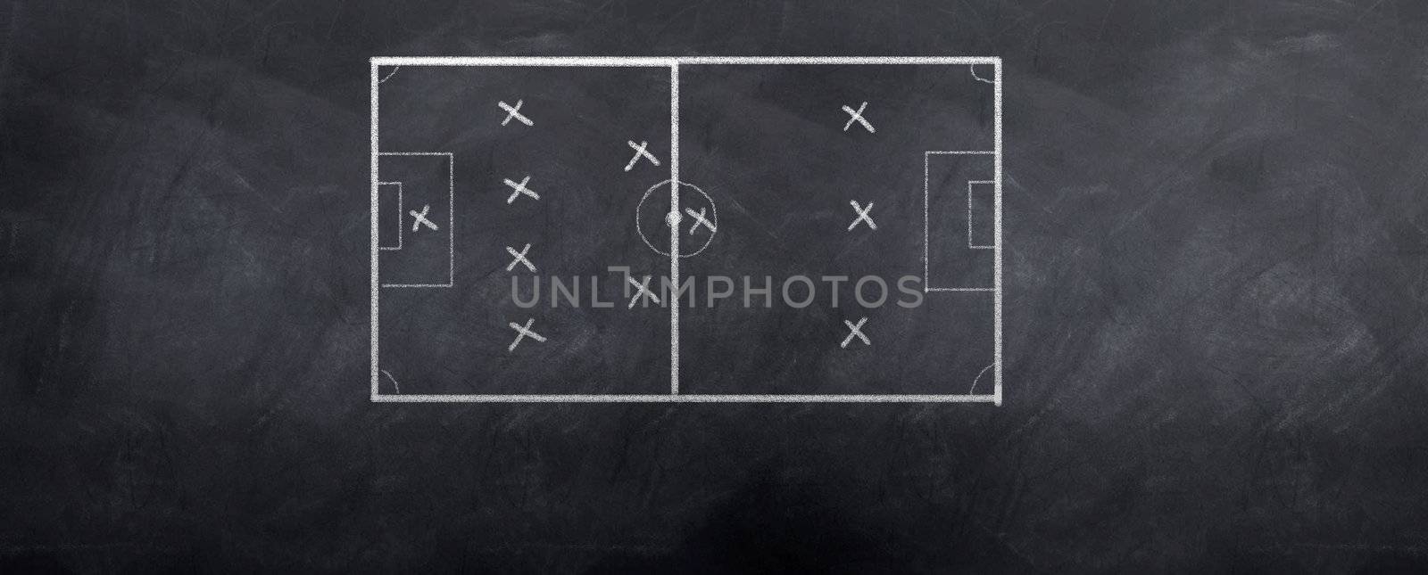 A socceer strategy board as the half time whistle blows. Written in chalk on a blackboard.