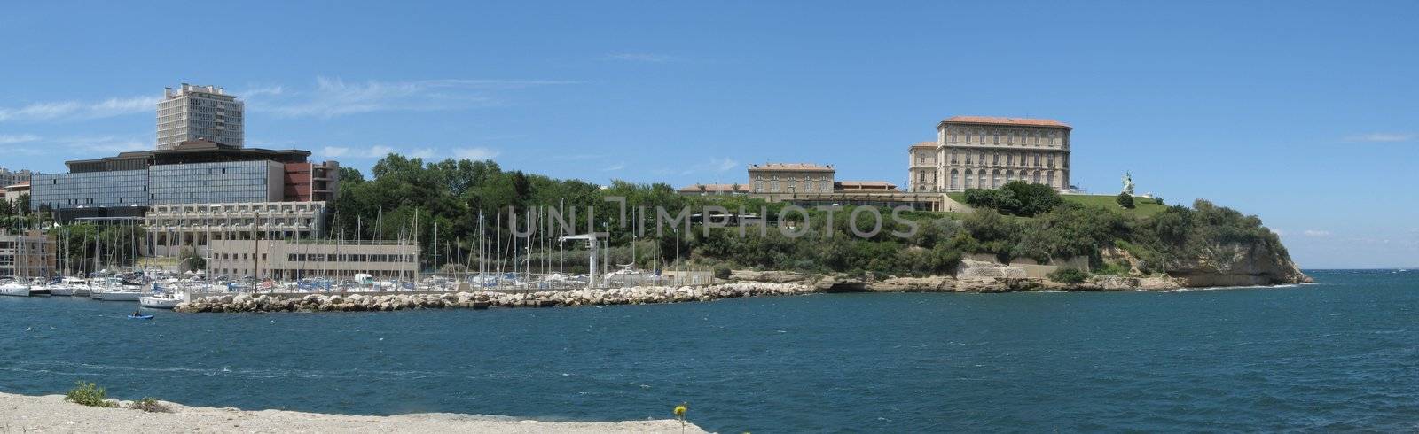 view of the Marseille old port entrance with Pharo palate