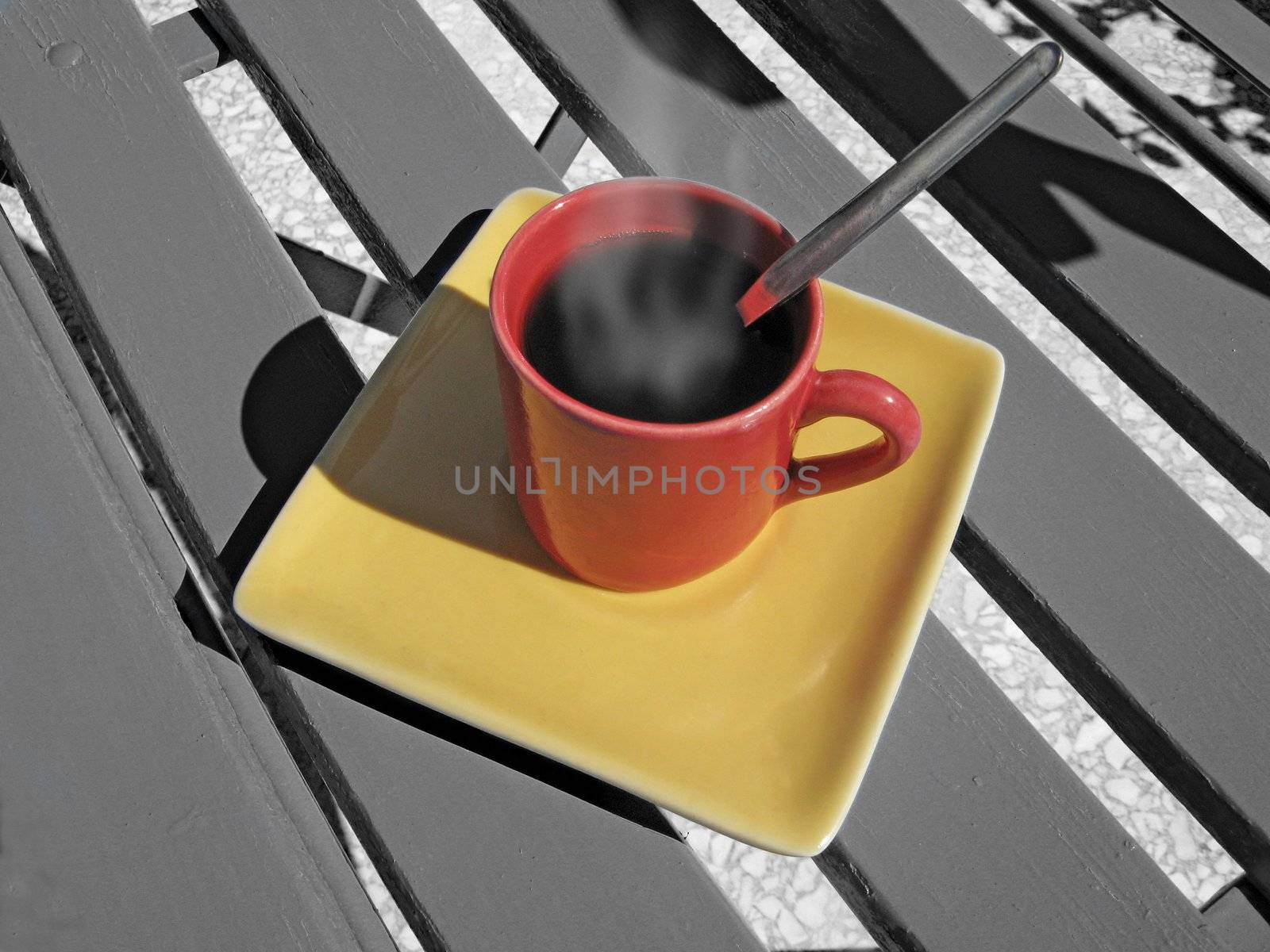 image of a steaming coffee cup on a chair