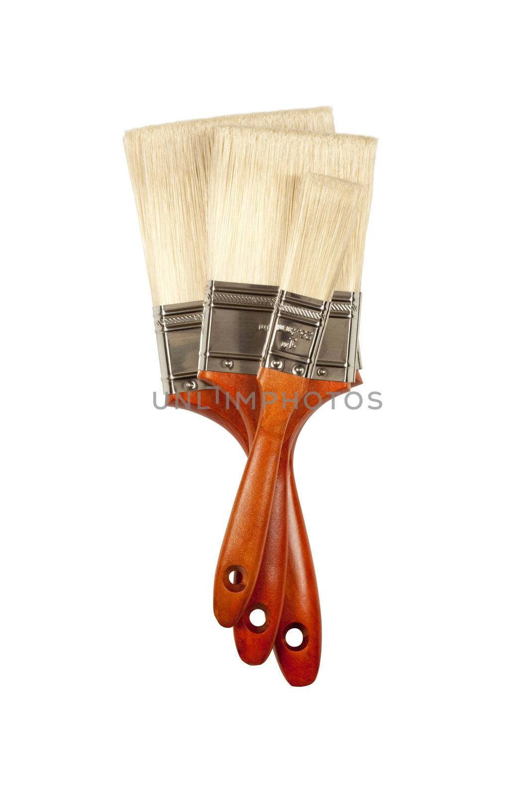 Three Different Sized Paint Brushes Isolated on White with Clipping Path.