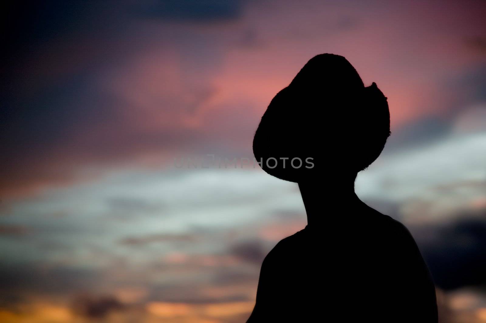 Woman in a cowboy hat silhouetted against a colorful sunset sky.