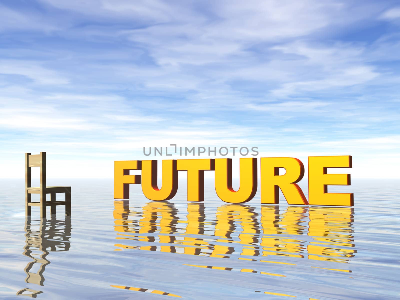future text in water landscape and chair - 3d illustration