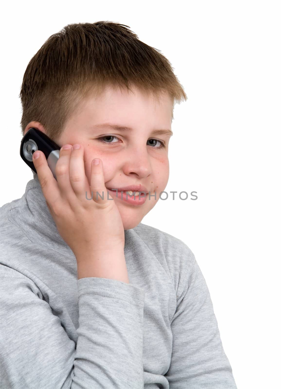 little boy with mobile phone on a white background