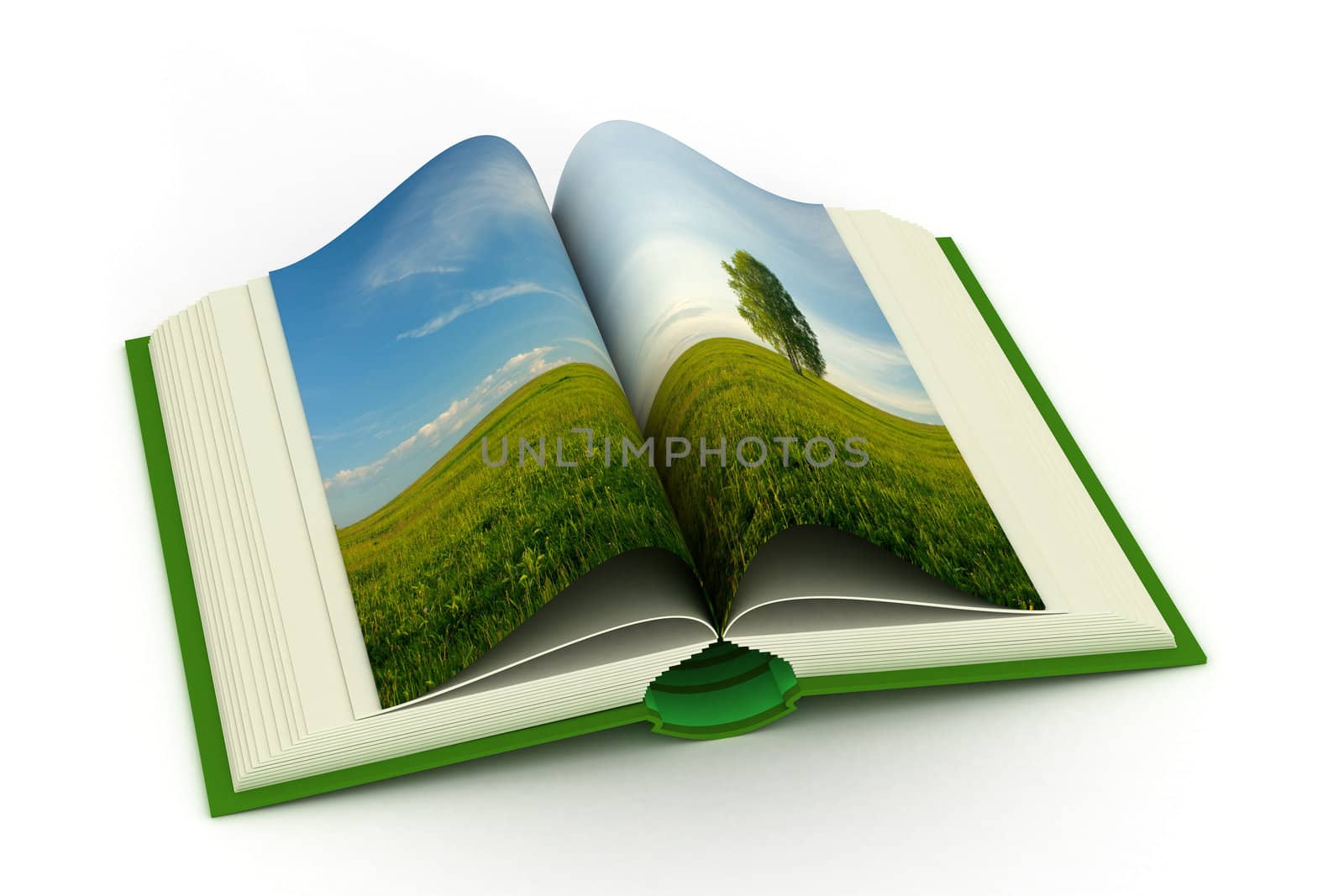 open book with a landscape. 3D image.