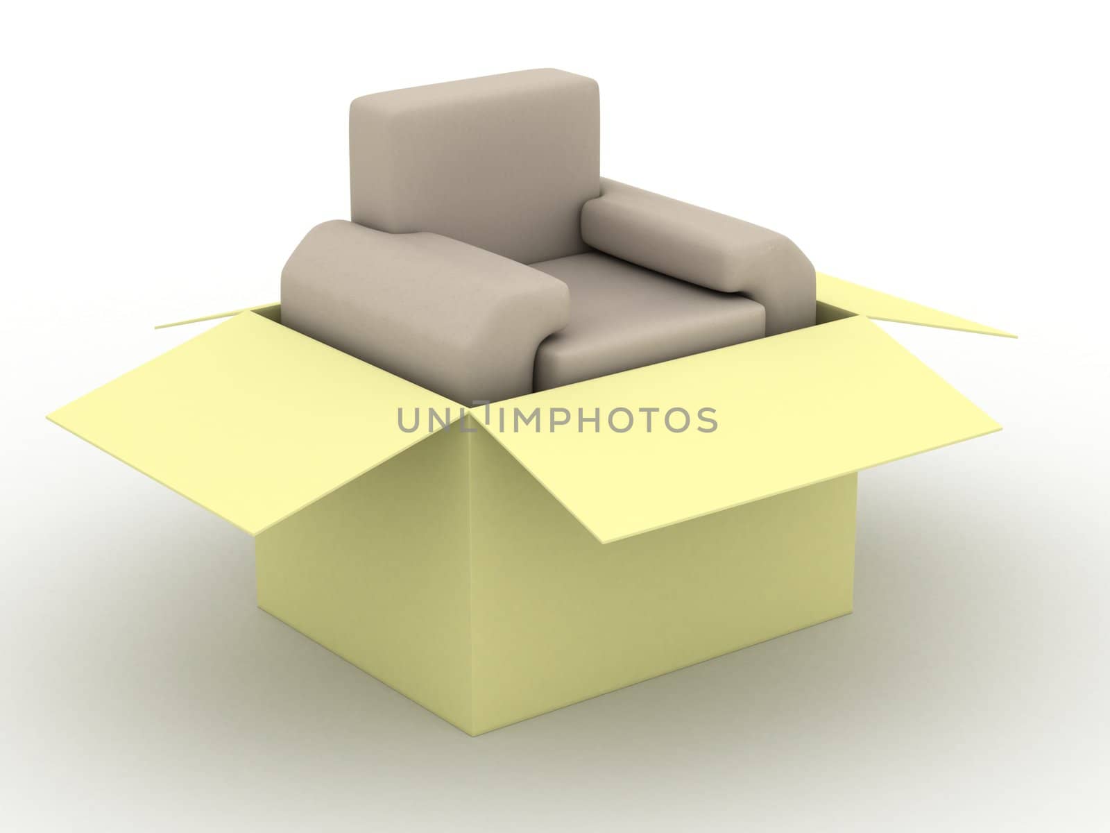 leather armchair in a packing box. 3D image.