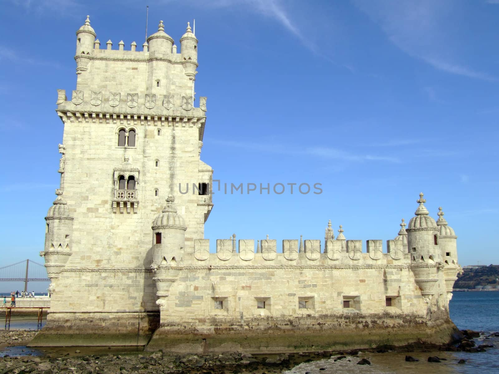 Belem tower on river Tagus in Lisbon. It is considered one of the main works of the Portuguese late gothic and it is decorated with the typical manueline motifs like the armillary sphere (symbol of king Manuel I)