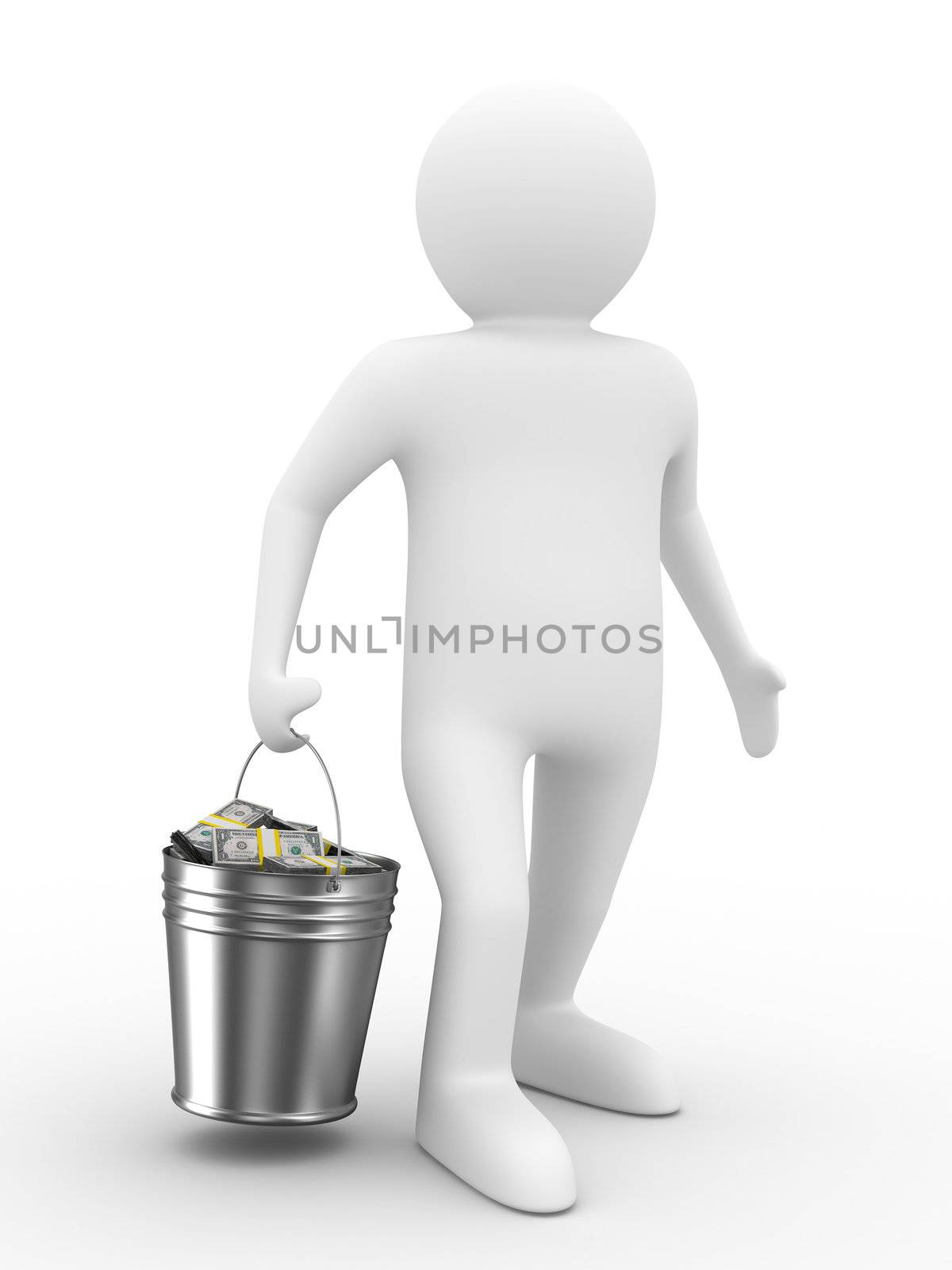 businessman with bucket of money. isolated 3D image