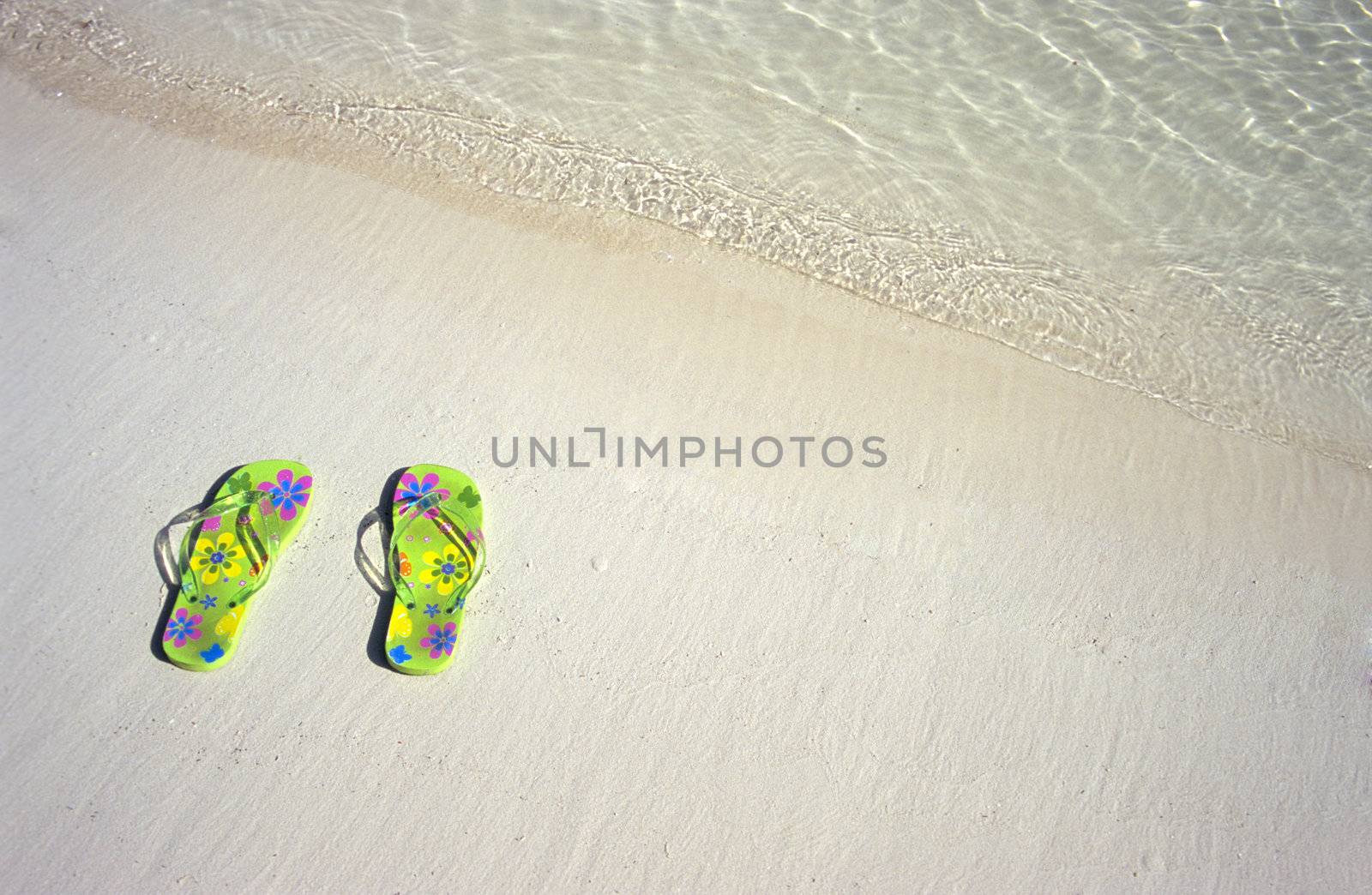 Flowered Flip-flops abandoned by the ocean.