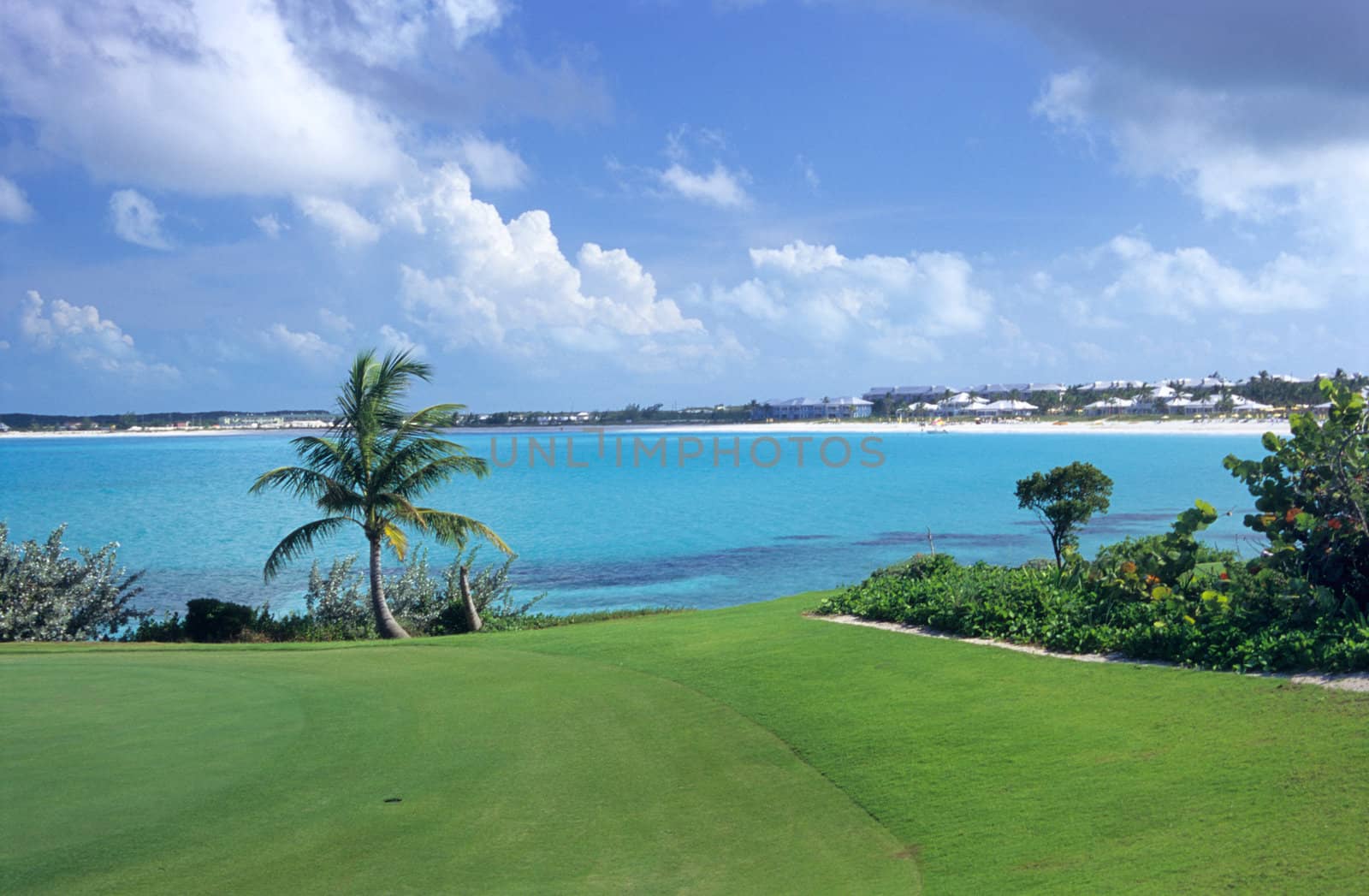 The view from the 18th hole at a tropical golf course.