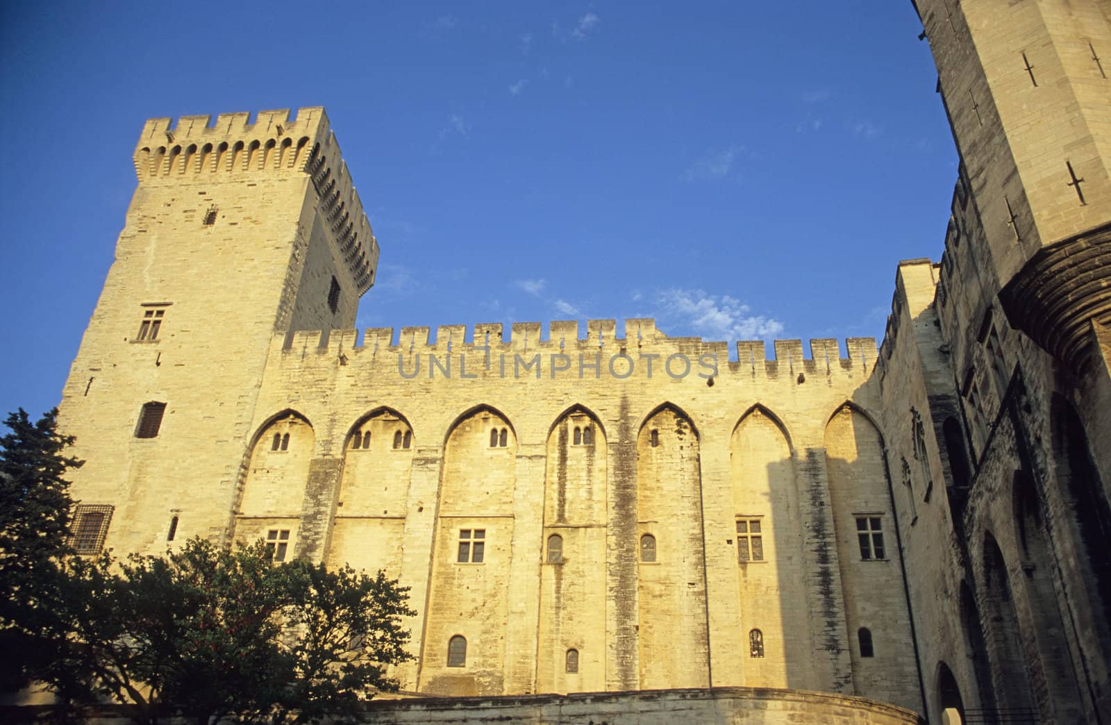 Palace of the Popes, Avignon, France, as the sun sets.