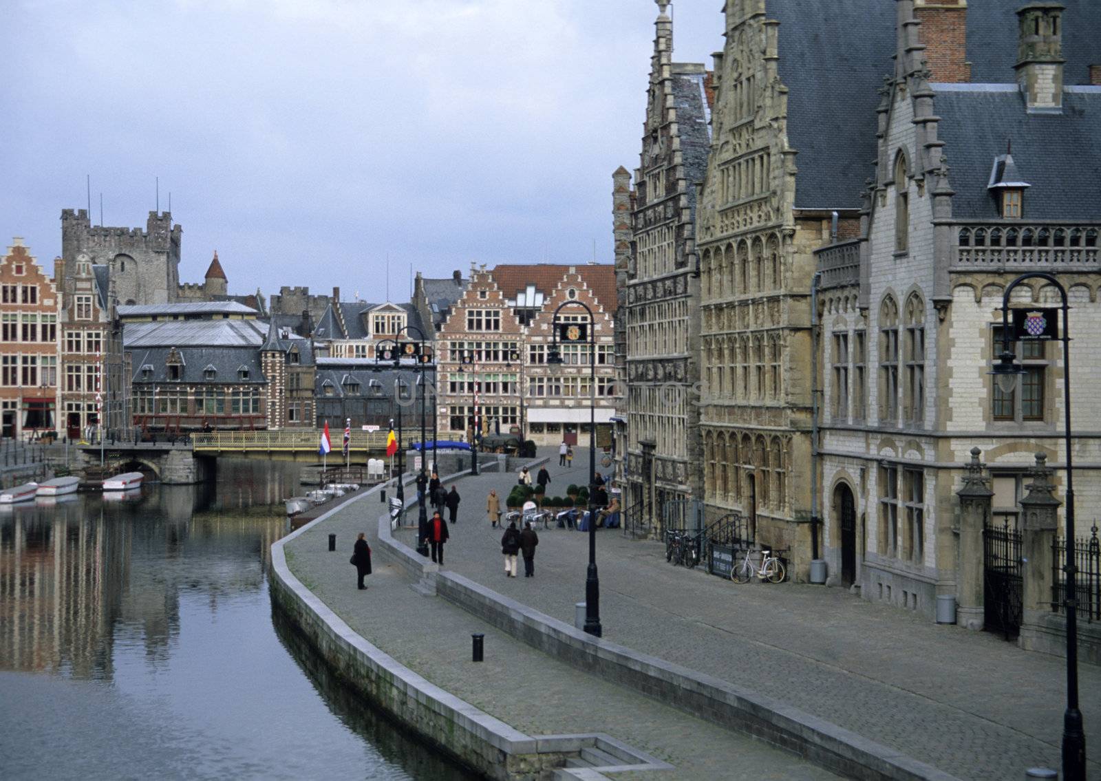 The famous Graslei waterfront in Ghent in winter.